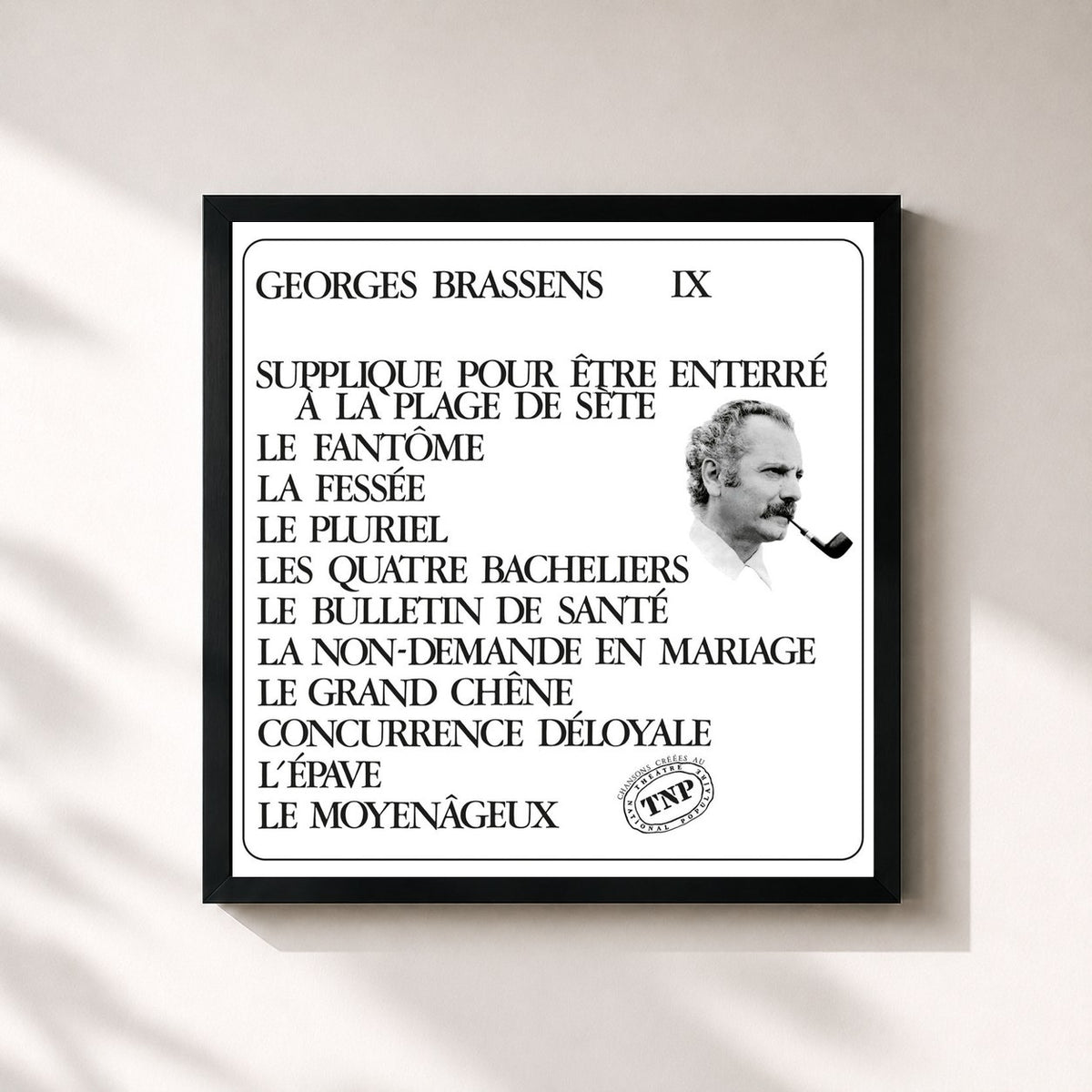 #noir Tableau carré de l'album George Brassens IX (N°11) Supplique pour être enterré à la plage de Sète de Georges Brassens, cadre noir 32x32 cm