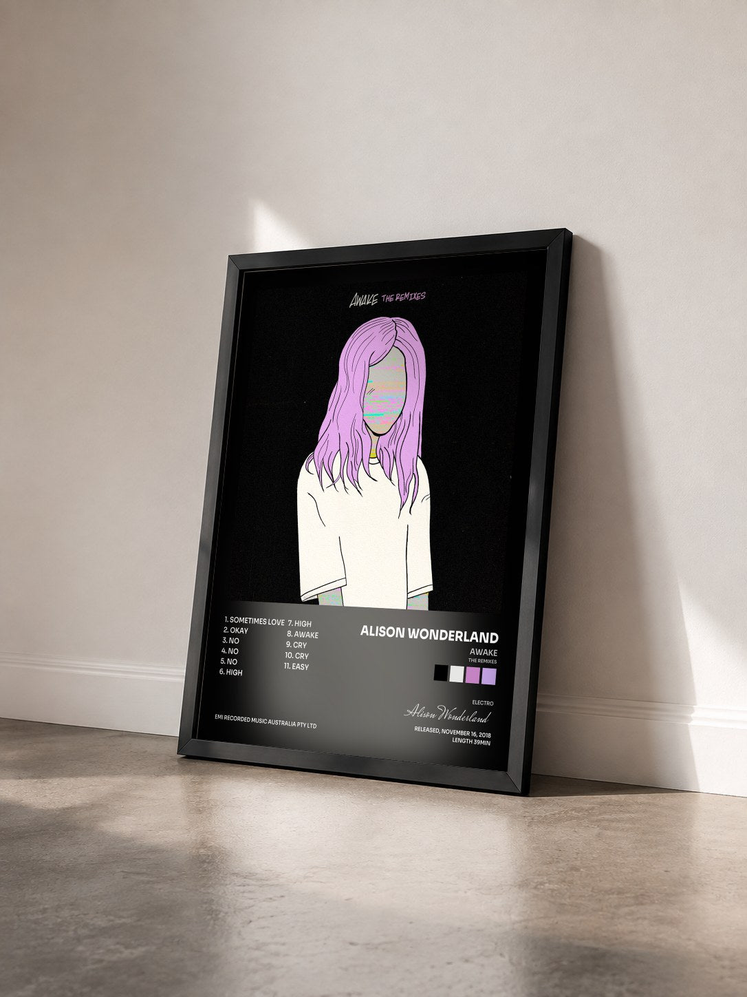 #noir Tableau de l'album Awake (The Remixes) de Alison Wonderland vu de trois quarts, cadre noir