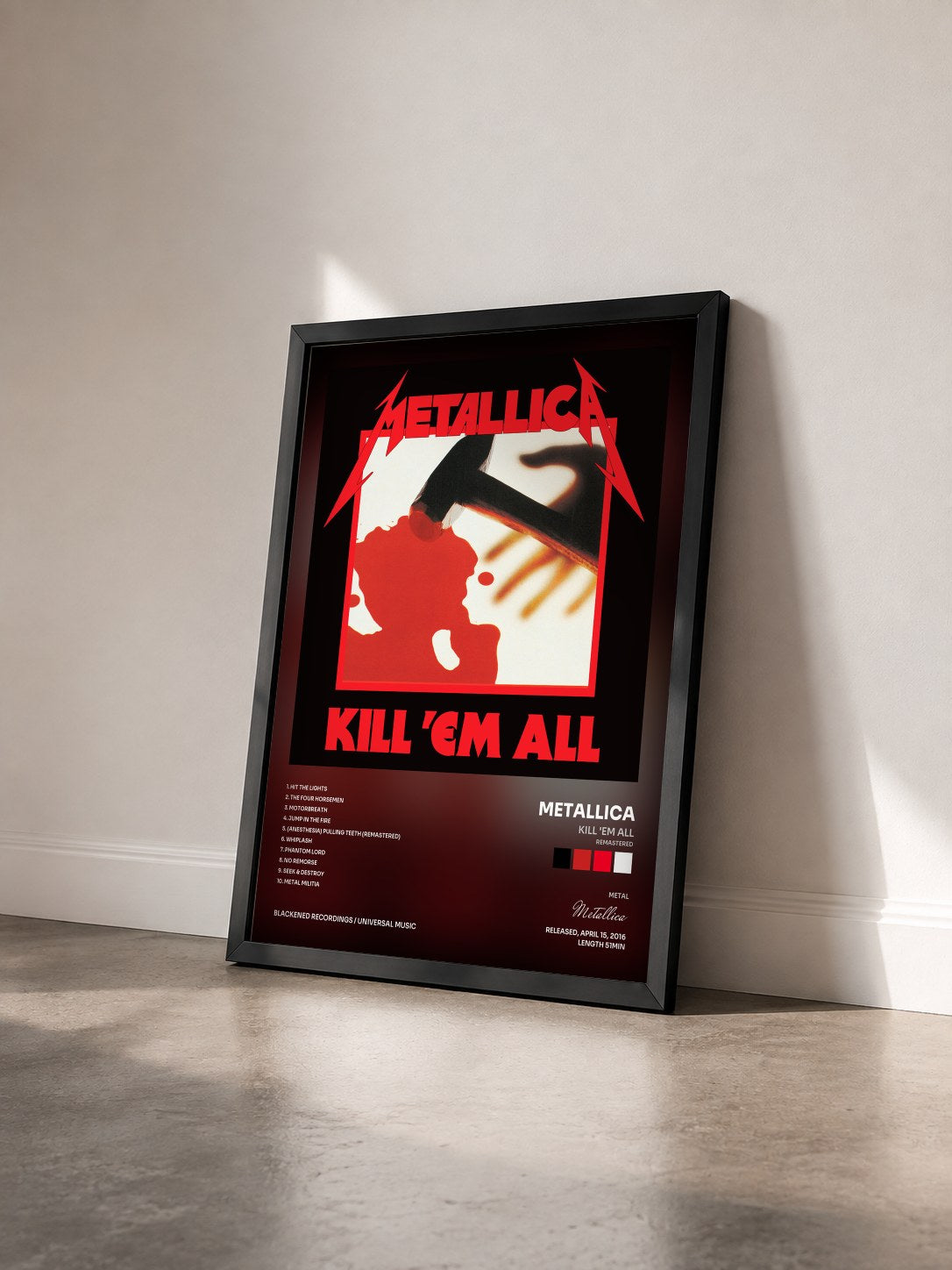 #noir Tableau de l'album Kill 'Em All (Remastered) de Metallica vu de trois quarts, cadre noir