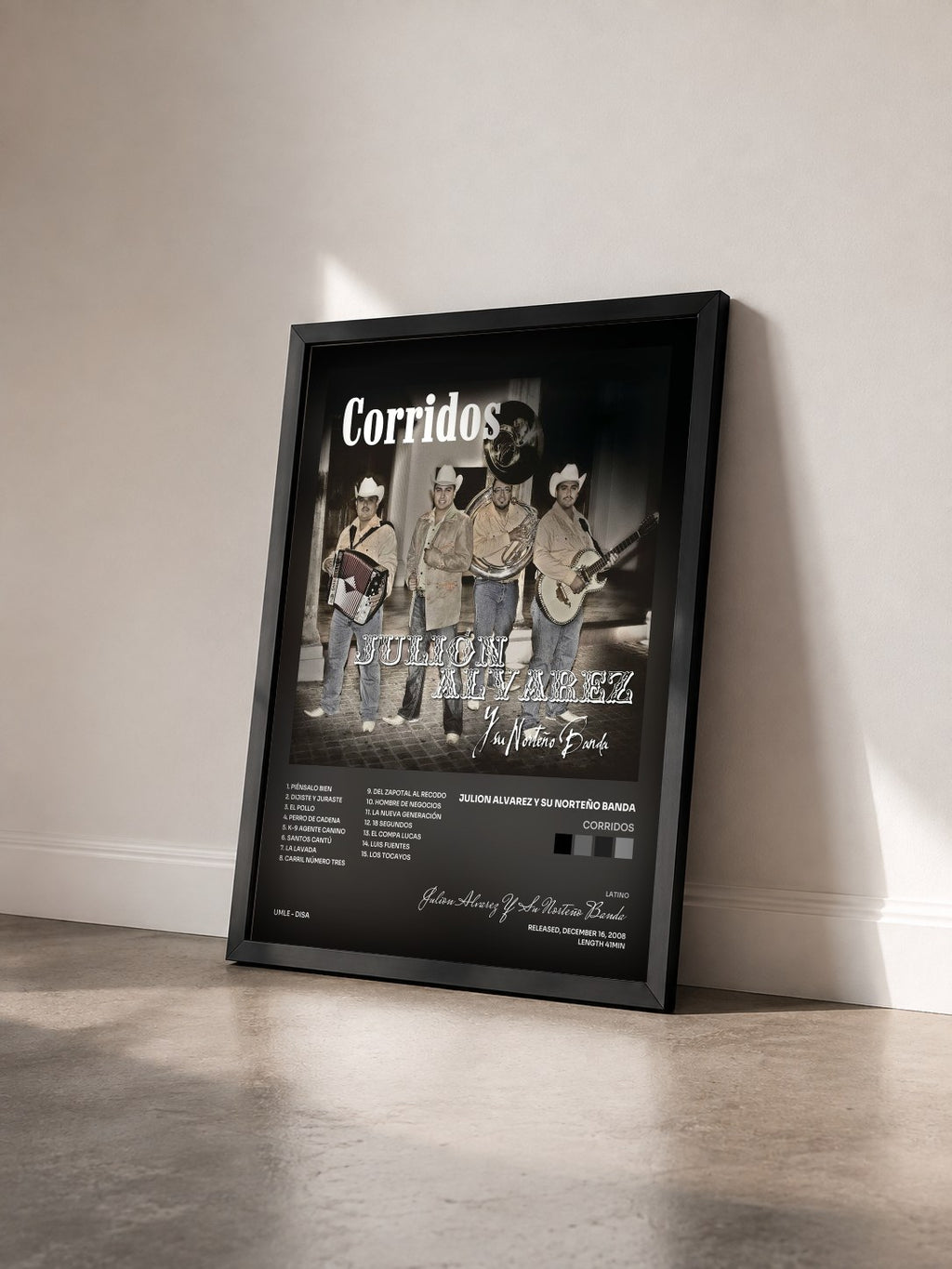#noir Corridos di Julion Alvarez Y Su Norteño Banda in stampa incorniciata vista di tre quarti, cornice nera