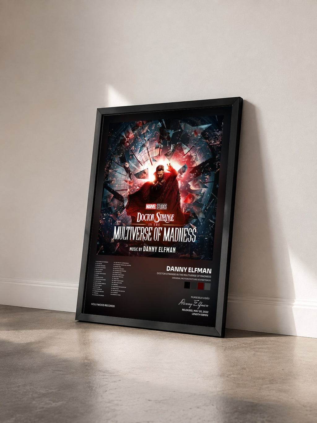 #noir Doctor Strange in the Multiverse of Madness (Original Motion Picture Soundtrack) by Danny Elfman as a framed art print seen at an angle, black frame