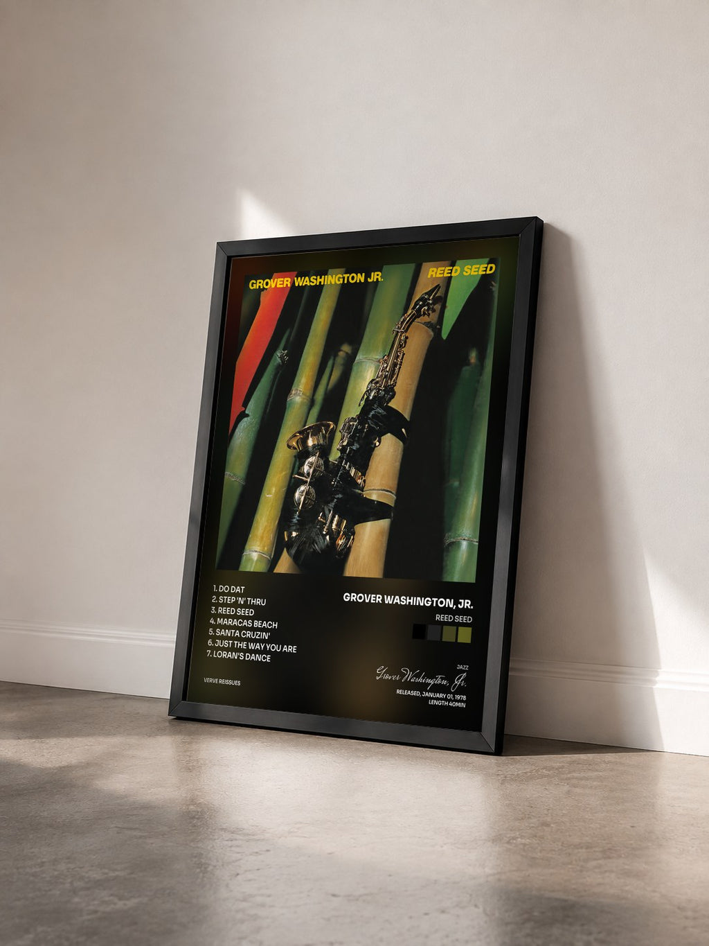 #noir Tableau de l'album Reed Seed de Grover Washington, Jr. vu de trois quarts, cadre noir