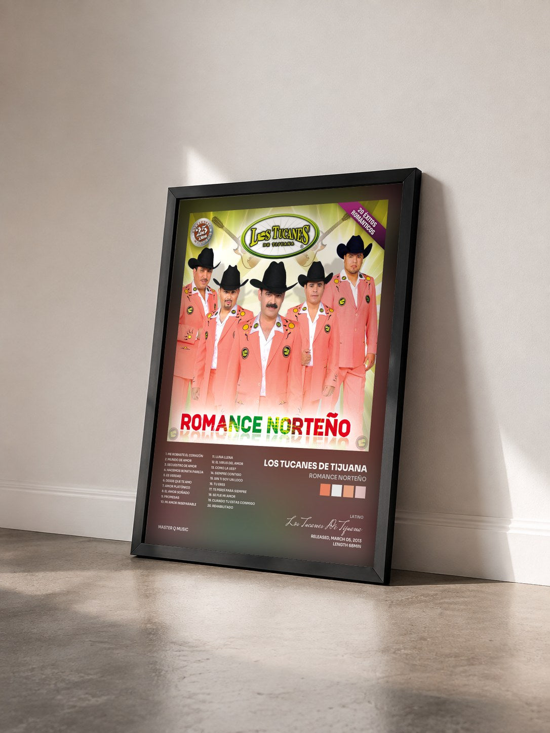 #noir Tableau de l'album Romance Norteño de Los Tucanes De Tijuana vu de trois quarts, cadre noir