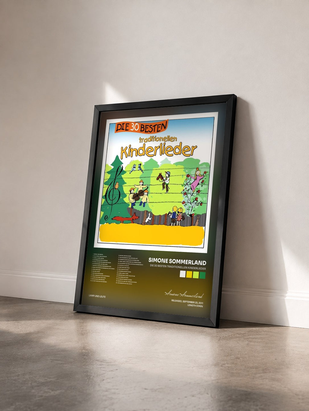 #noir Tableau de l'album Die 30 besten traditionellen Kinderlieder de Simone Sommerland vu de trois quarts, cadre noir