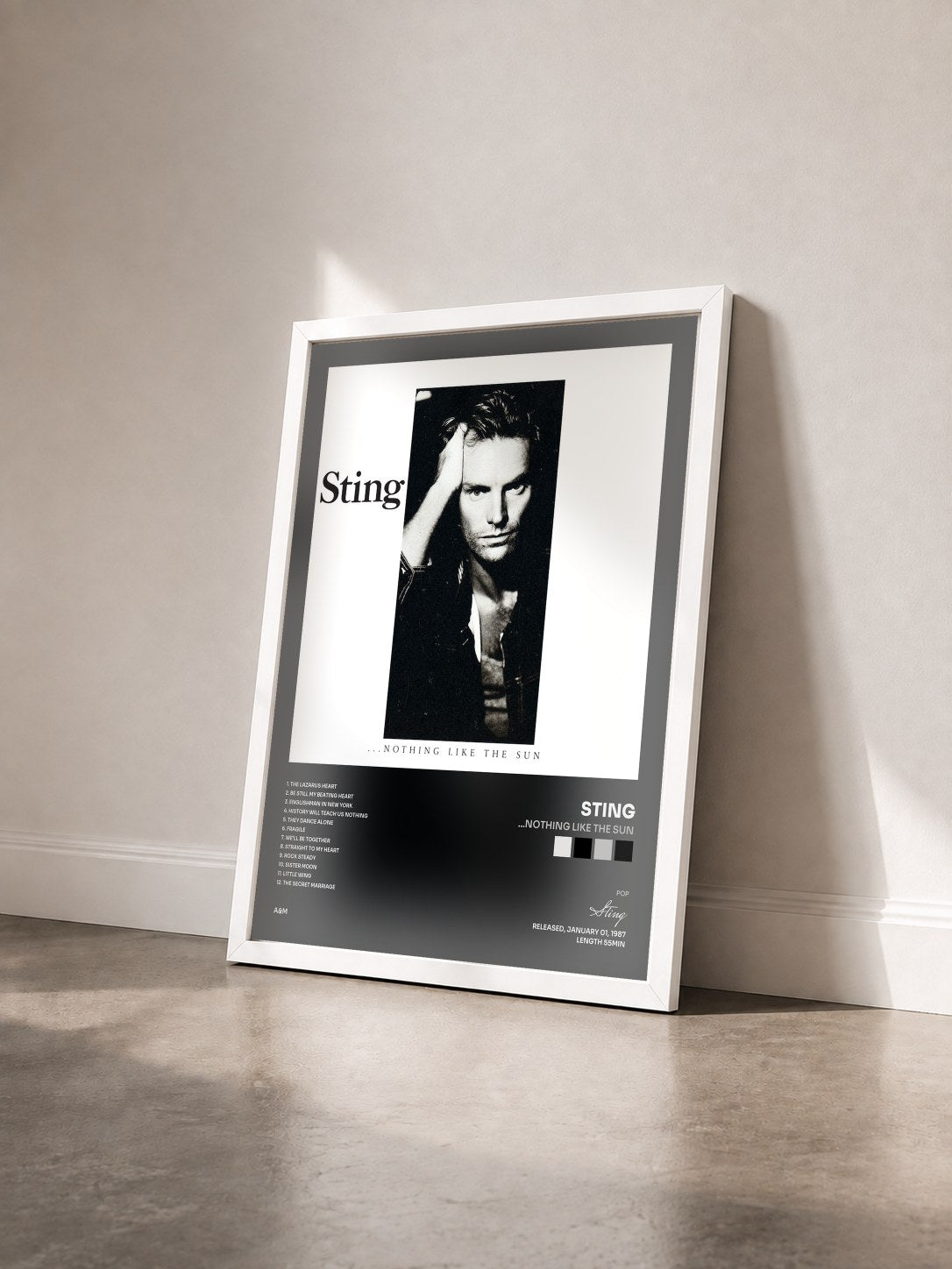 #blanc ...Nothing Like The Sun by Sting as a framed art print seen at an angle, white frame