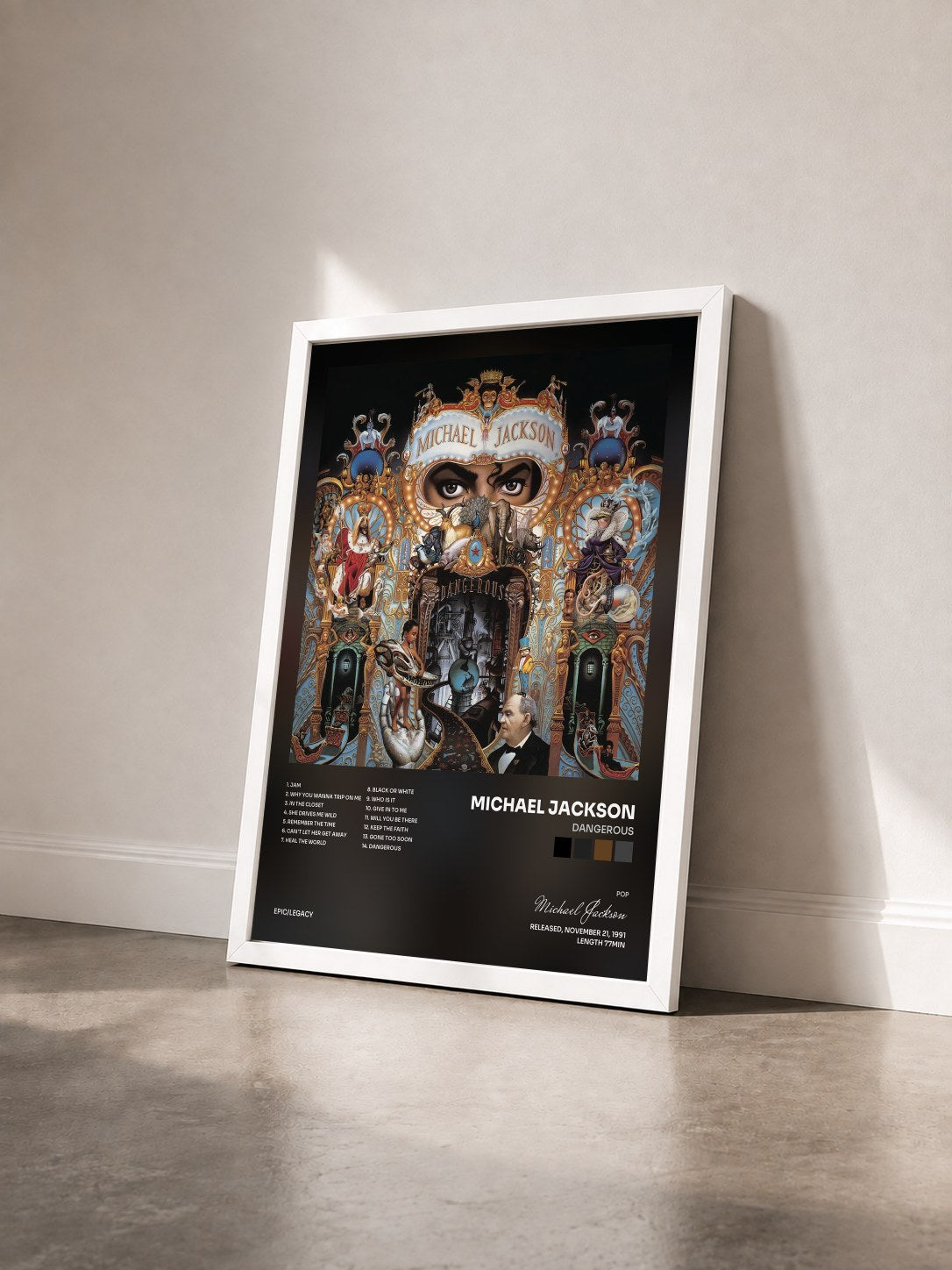 #blanc Tableau de l'album Dangerous de Michael Jackson vu de trois quarts, cadre blanc