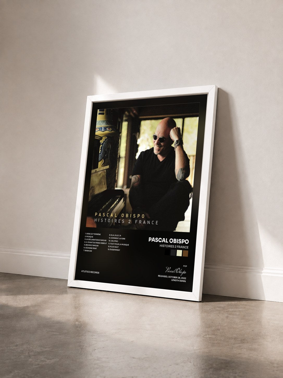 #blanc Histoires 2 France by Pascal Obispo as a framed art print seen at an angle, white frame