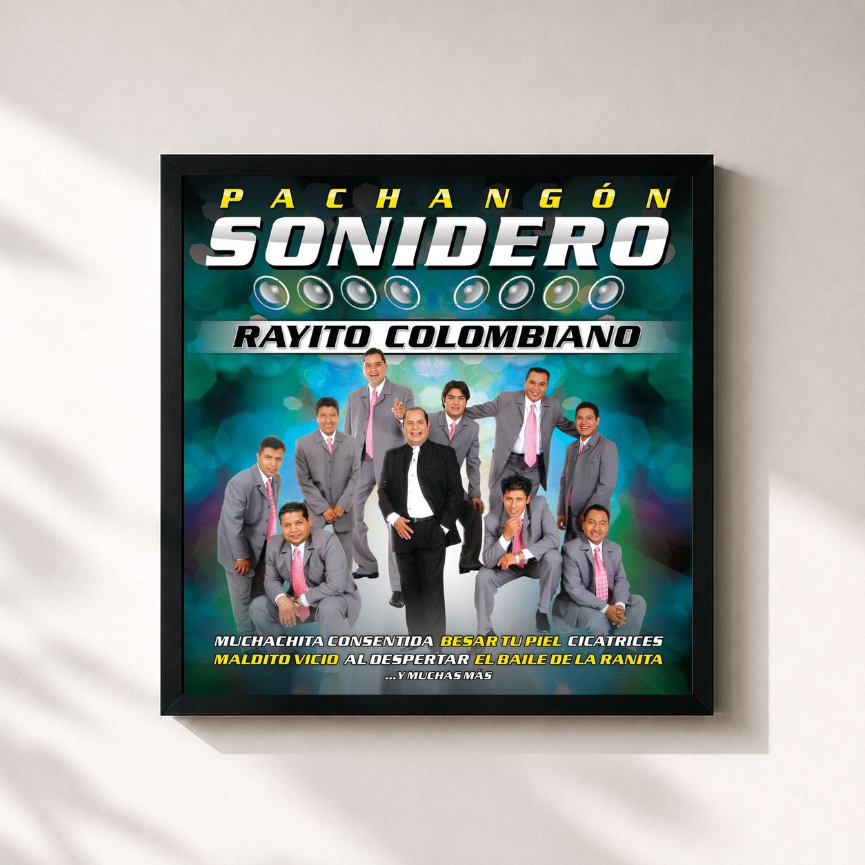 #noir Tableau carré de l'album Pachangón Sonidero de Rayito Colombiano, cadre noir 32x32 cm