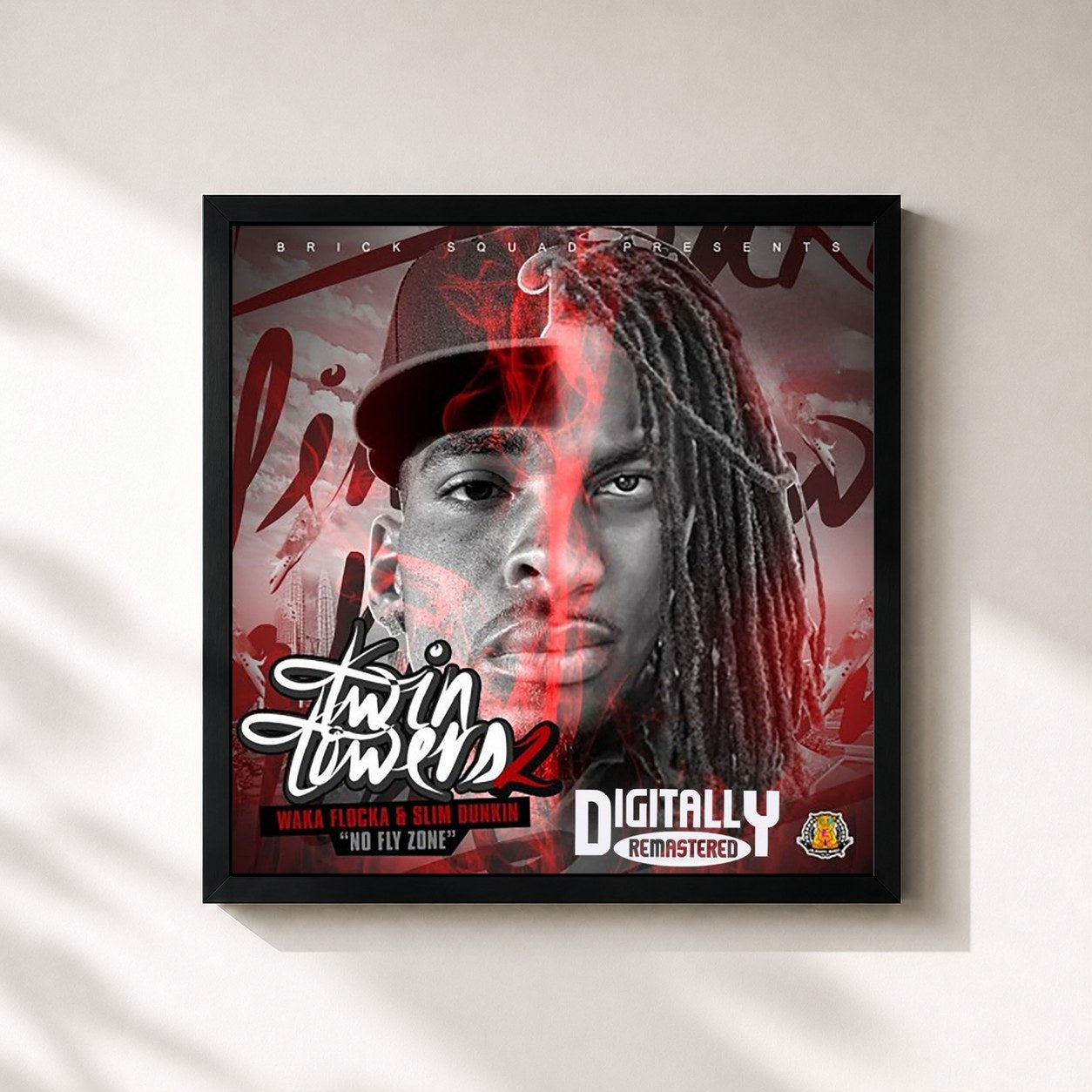 #noir Tableau carré de l'album Twin Towers 2 (No Fly Zone) de Waka Flocka Flame, cadre noir 32x32 cm