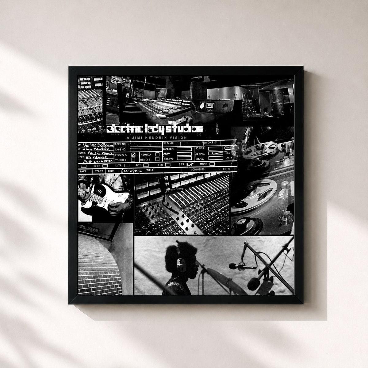 #noir Tableau carré de l'album Electric Lady Studios: A Jimi Hendrix Vision de Jimi Hendrix, cadre noir 32x32 cm