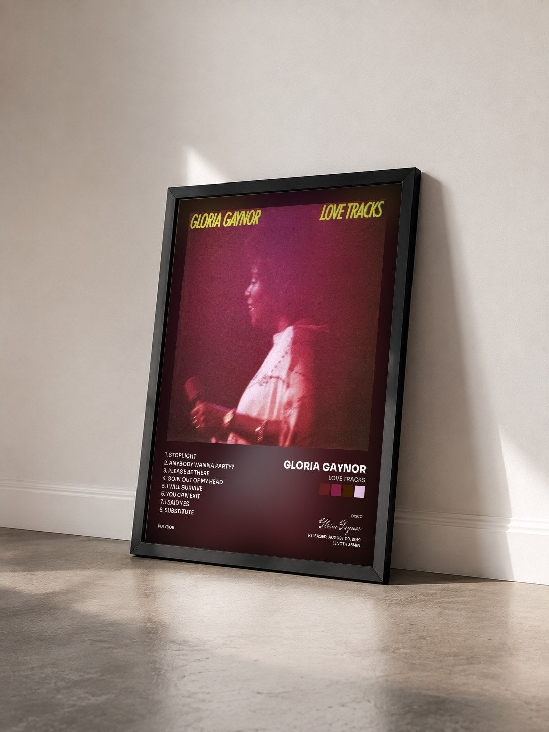 #noir Tableau de l'album Love Tracks de Gloria Gaynor vu de trois quarts, cadre noir