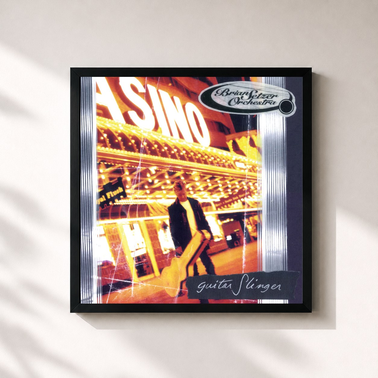 #noir Tableau carré de l'album Guitar Slinger de The Brian Setzer Orchestra, cadre noir 32x32 cm