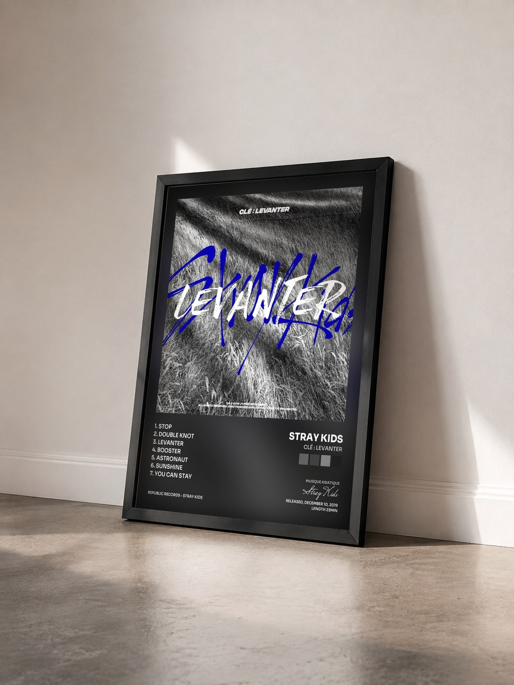 #noir Clé : LEVANTER by Stray Kids as a framed art print seen at an angle, black frame