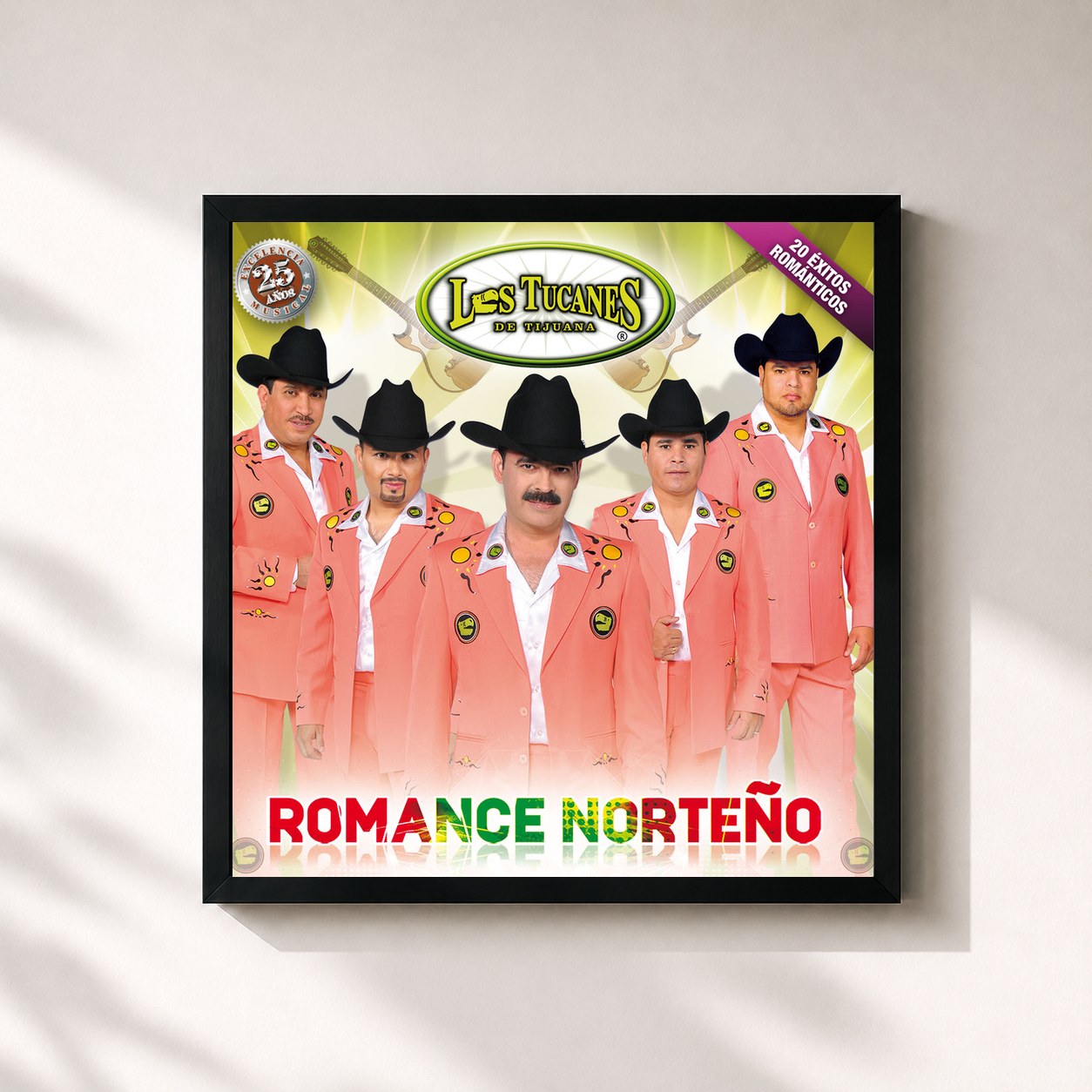 #noir Tableau carré de l'album Romance Norteño de Los Tucanes De Tijuana, cadre noir 32x32 cm