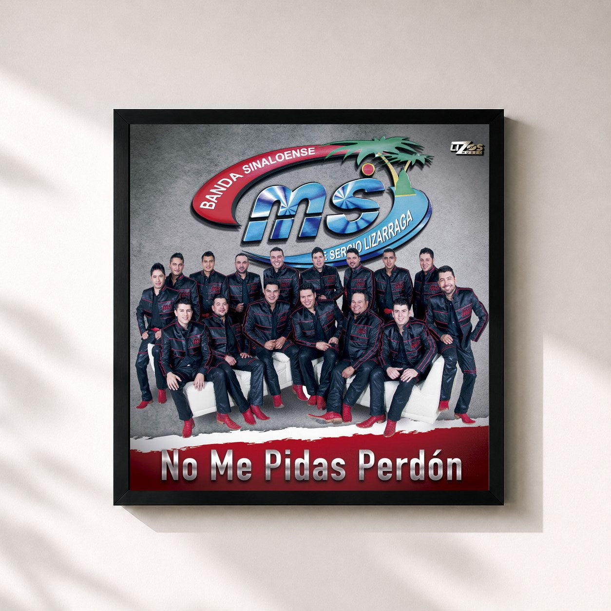 #noir Tableau carré de l'album No Me Pidas Perdón de Banda MS de Sergio Lizárraga, cadre noir 32x32 cm