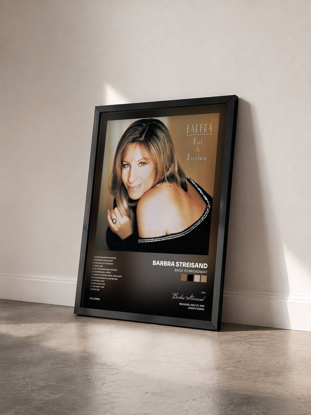 #noir Back To Broadway by Barbra Streisand as a framed art print seen at an angle, black frame