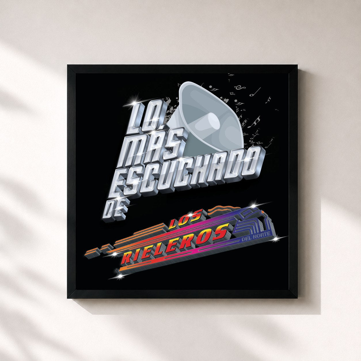 #noir Tableau carré de l'album Lo Más Escuchado De de Los Rieleros Del Norte, cadre noir 32x32 cm