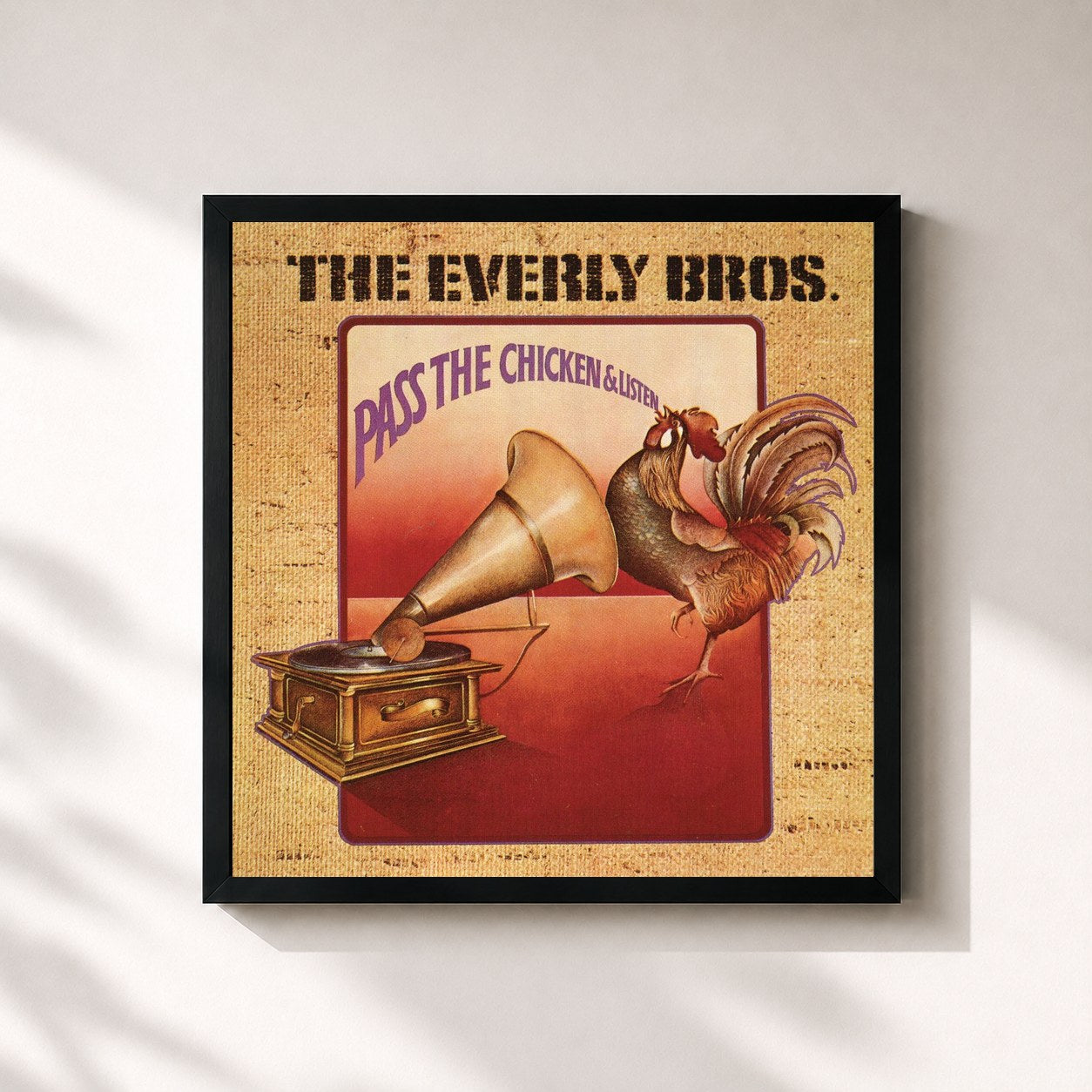 #noir Tableau carré de l'album Pass The Chicken & Listen de The Everly Brothers, cadre noir 32x32 cm
