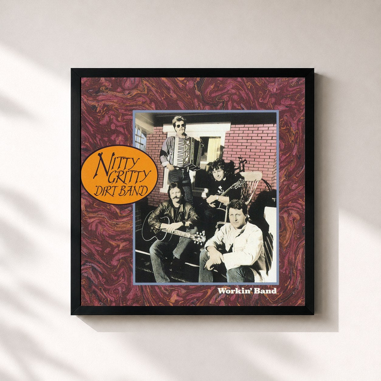 #noir Tableau carré de l'album Workin' Band de Nitty Gritty Dirt Band, cadre noir 32x32 cm