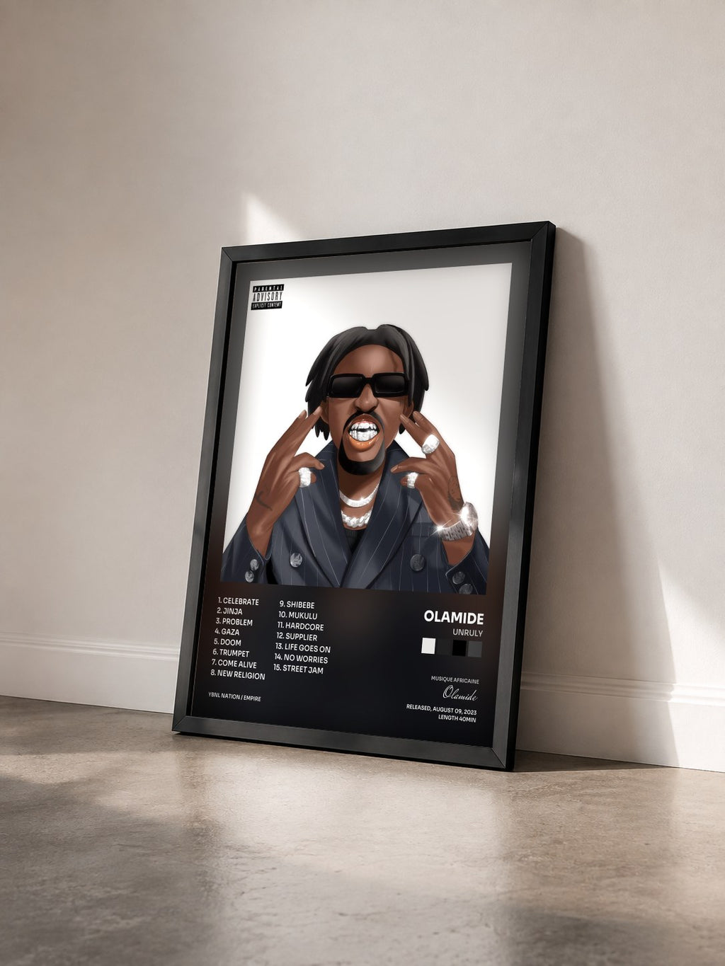 #noir Unruly by Olamide as a framed art print seen at an angle, black frame