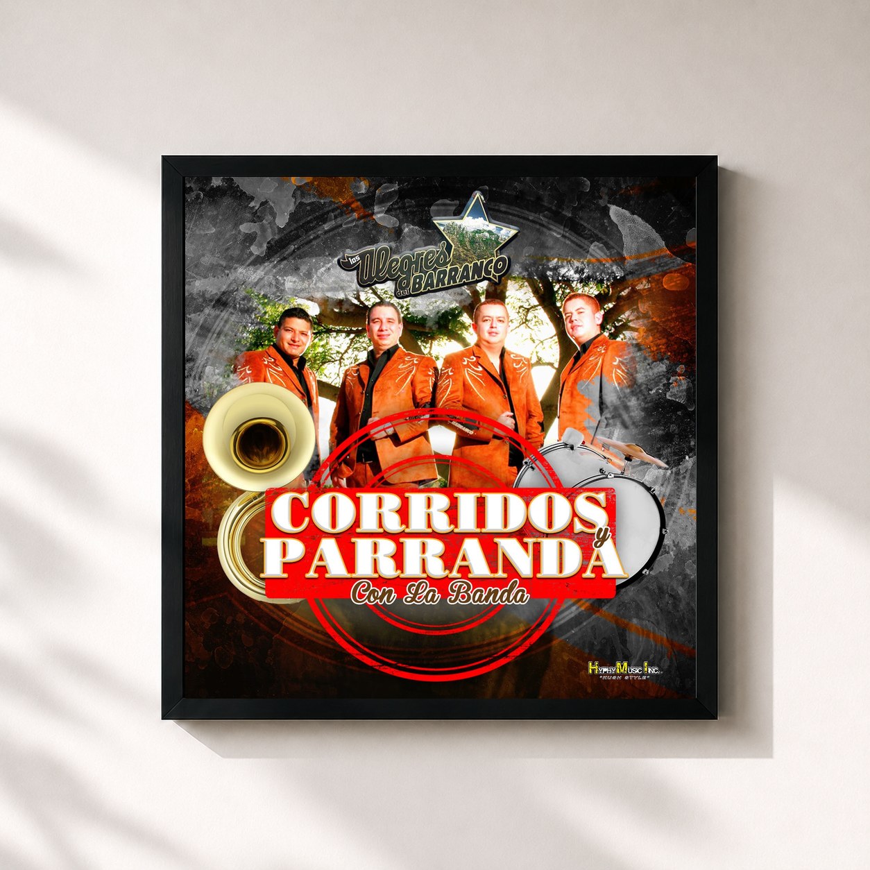 #noir Tableau carré de l'album Corridos y Parranda Con La Banda de Los Alegres Del Barranco, cadre noir 32x32 cm