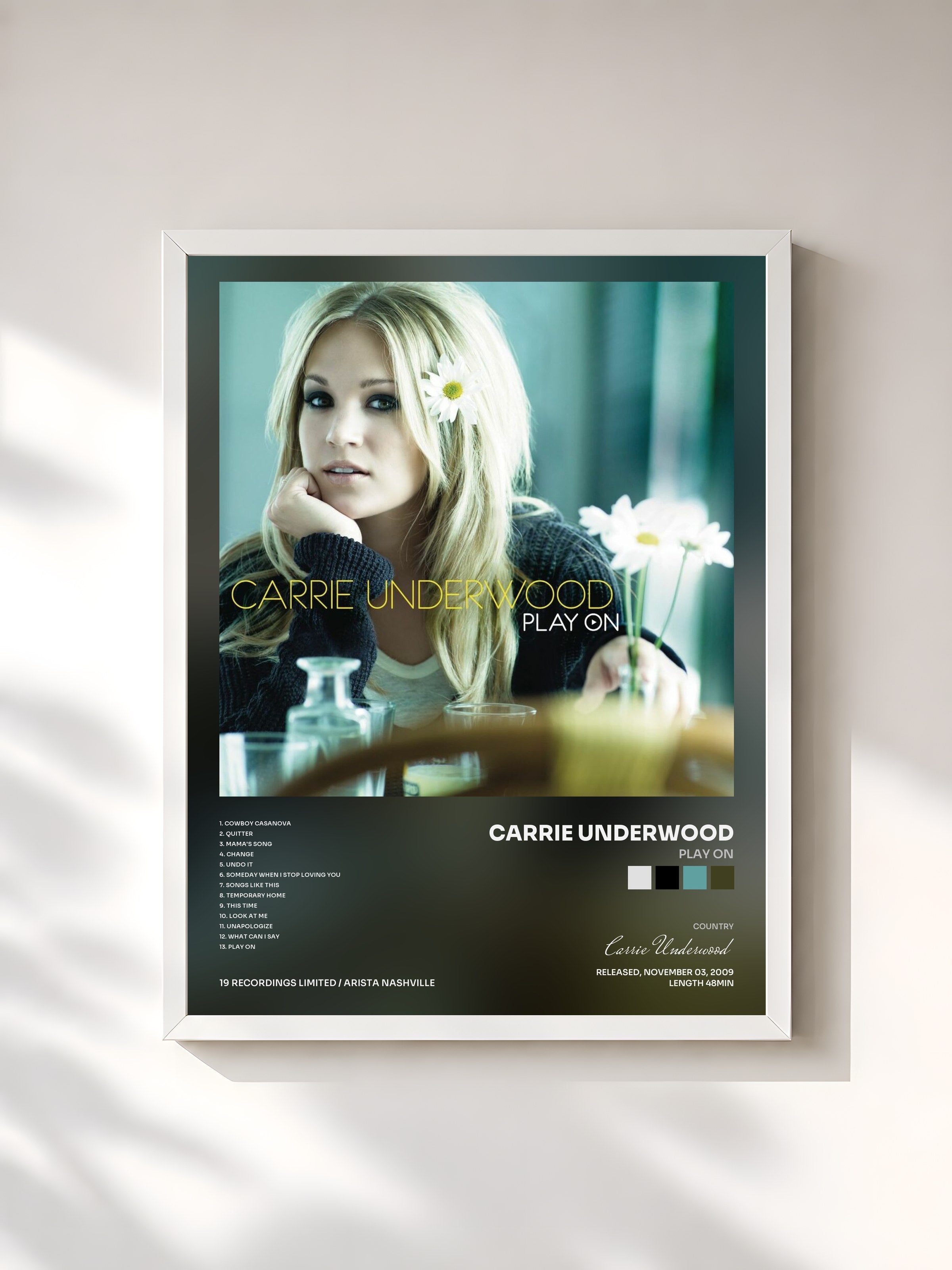 #blanc Tableau de l'album Play On de Carrie Underwood, cadre blanc, imprimé et encadré en France