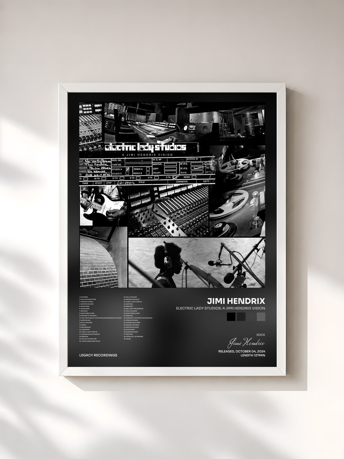 #blanc Tableau de l'album Electric Lady Studios: A Jimi Hendrix Vision de Jimi Hendrix, cadre blanc, imprimé et encadré en France