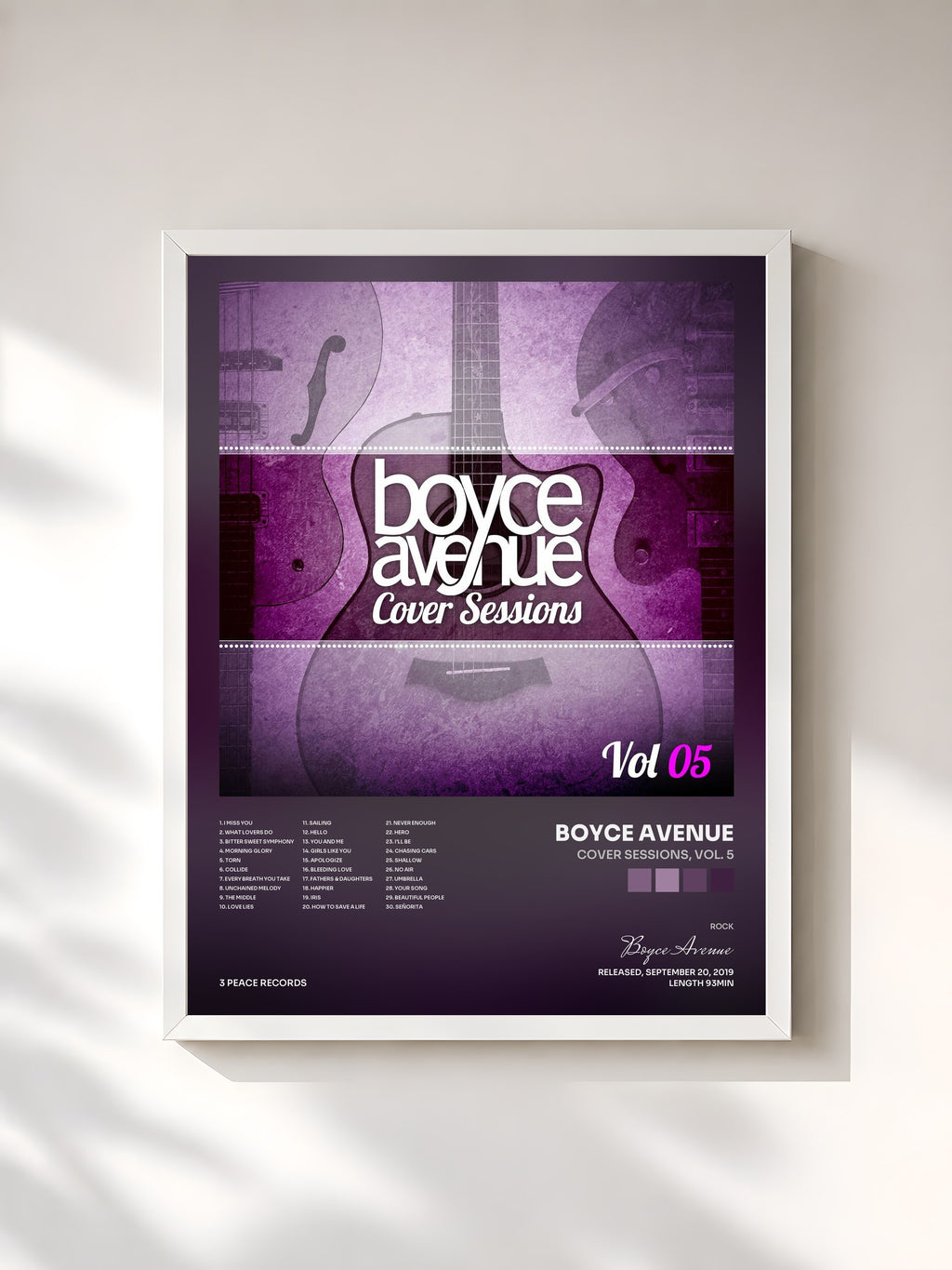 #blanc Tableau de l'album Cover Sessions, Vol. 5 de Boyce Avenue, cadre blanc, imprimé et encadré en France