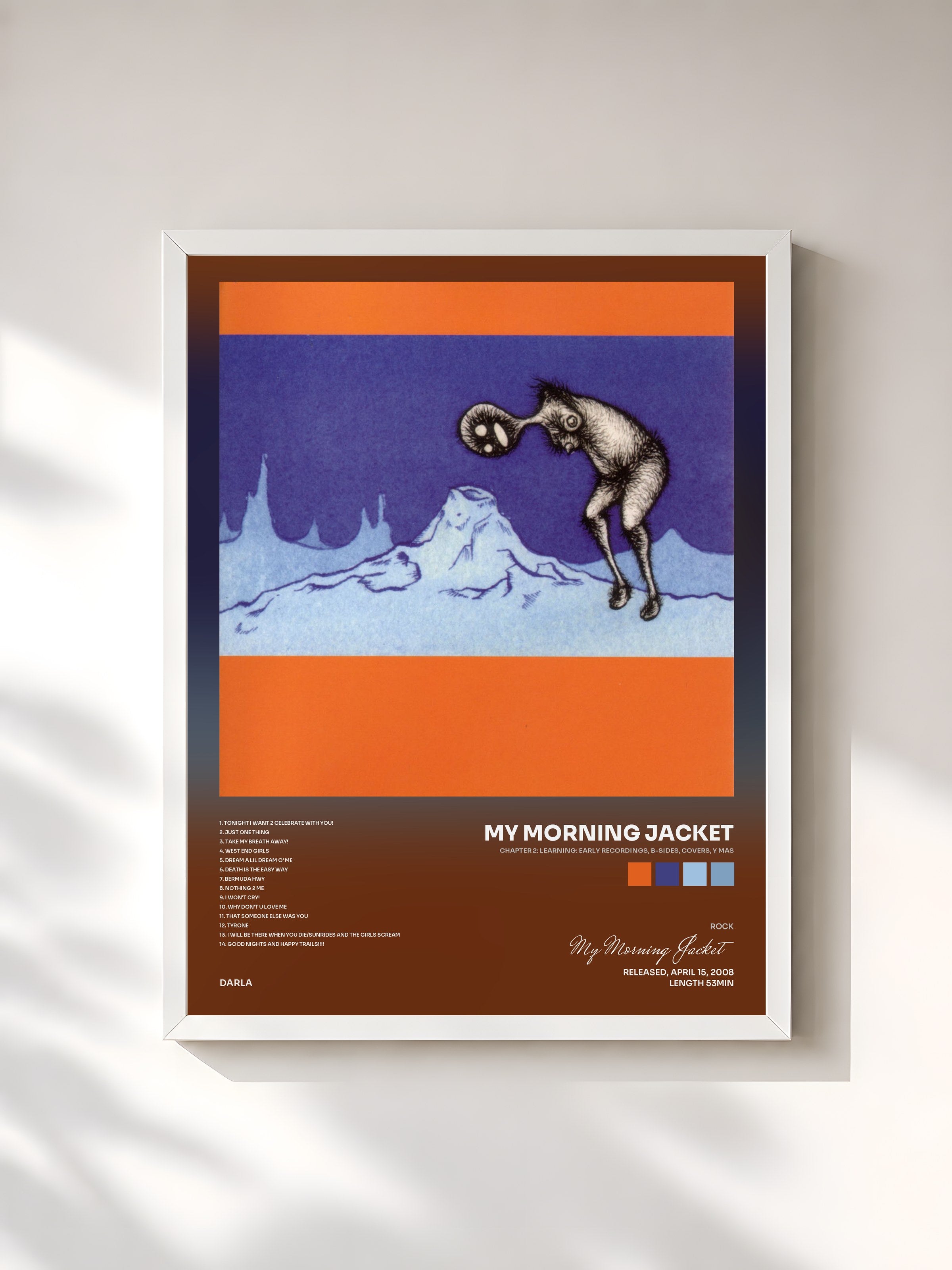 #blanc Tableau de l'album Chapter 2: Learning: Early Recordings, B-Sides, Covers, Y Mas de My Morning Jacket, cadre blanc, imprimé et encadré en France