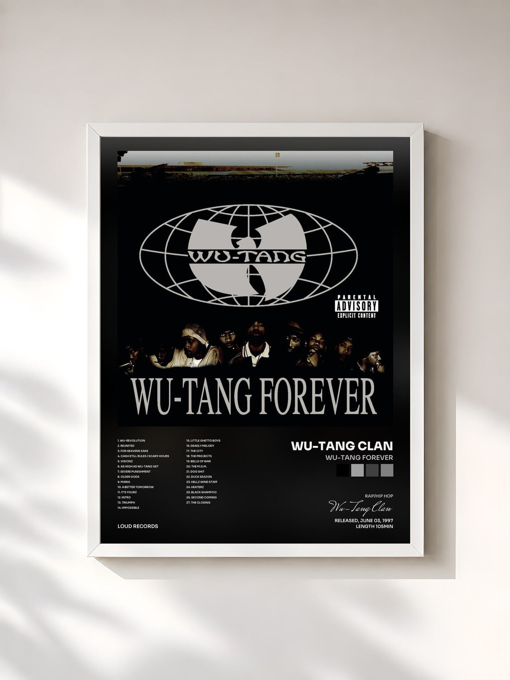 #blanc Wu-Tang Forever de Wu-Tang Clan en lámina enmarcada, marco blanco, impresa y enmarcada en Francia
