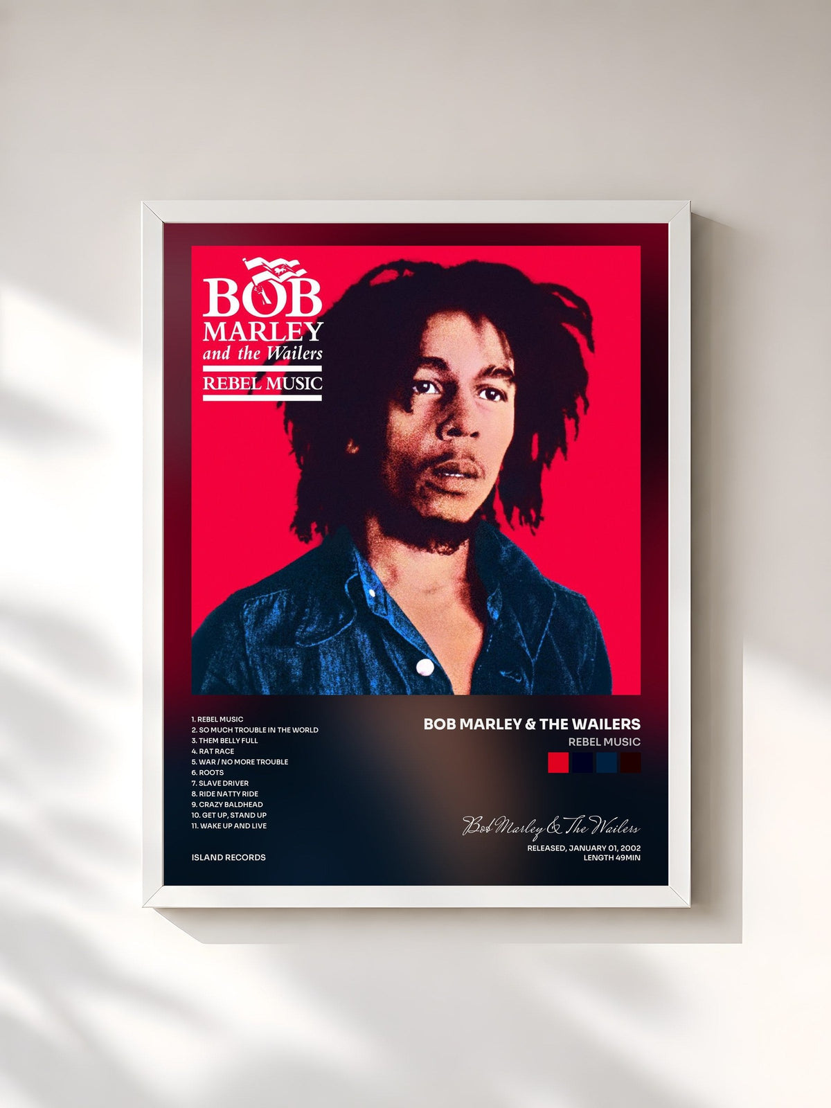 #blanc Tableau de l'album Rebel Music de Bob Marley & The Wailers, cadre blanc, imprimé et encadré en France