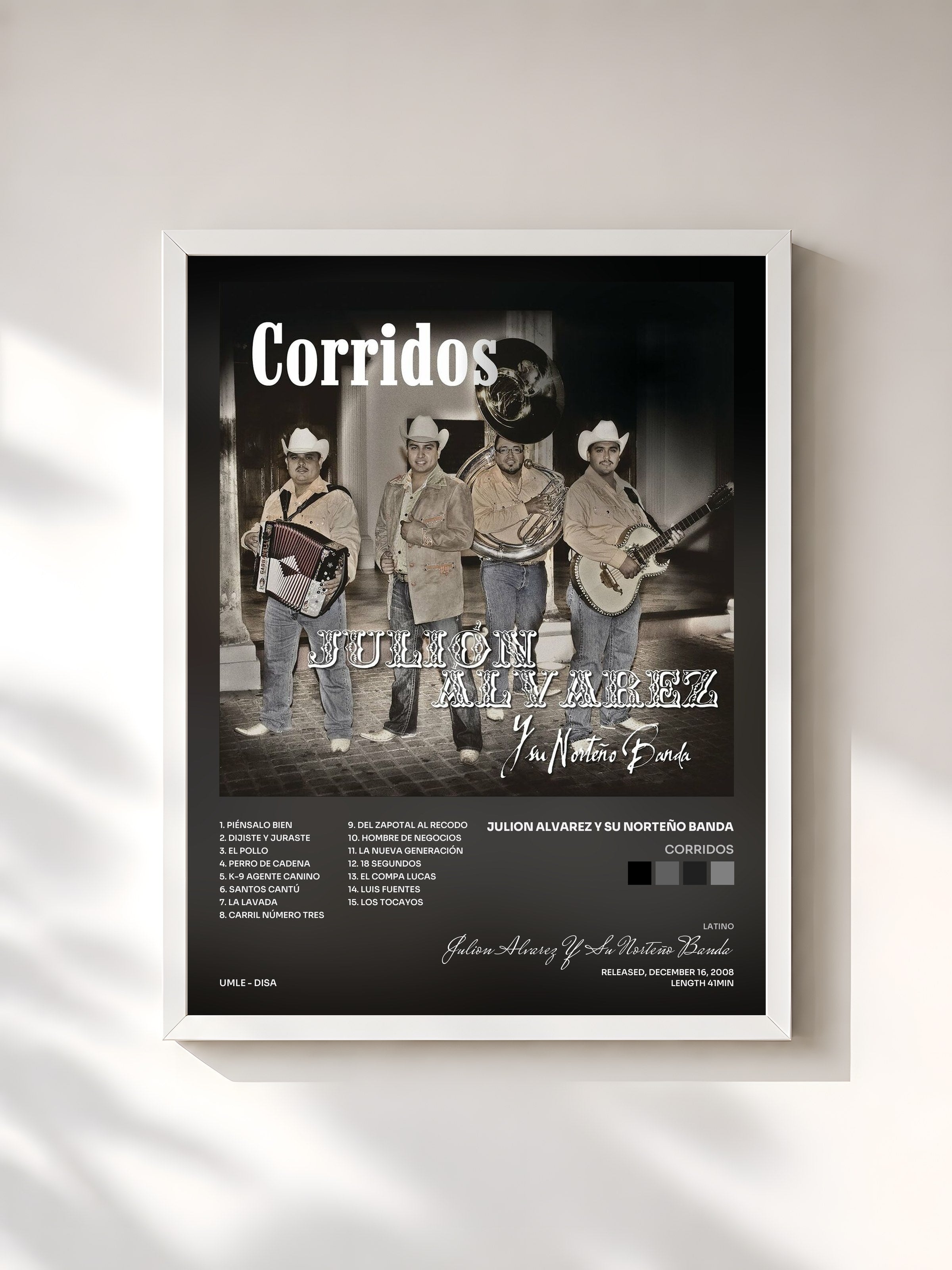#blanc Tableau de l'album Corridos de Julion Alvarez Y Su Norteño Banda, cadre blanc, imprimé et encadré en France
