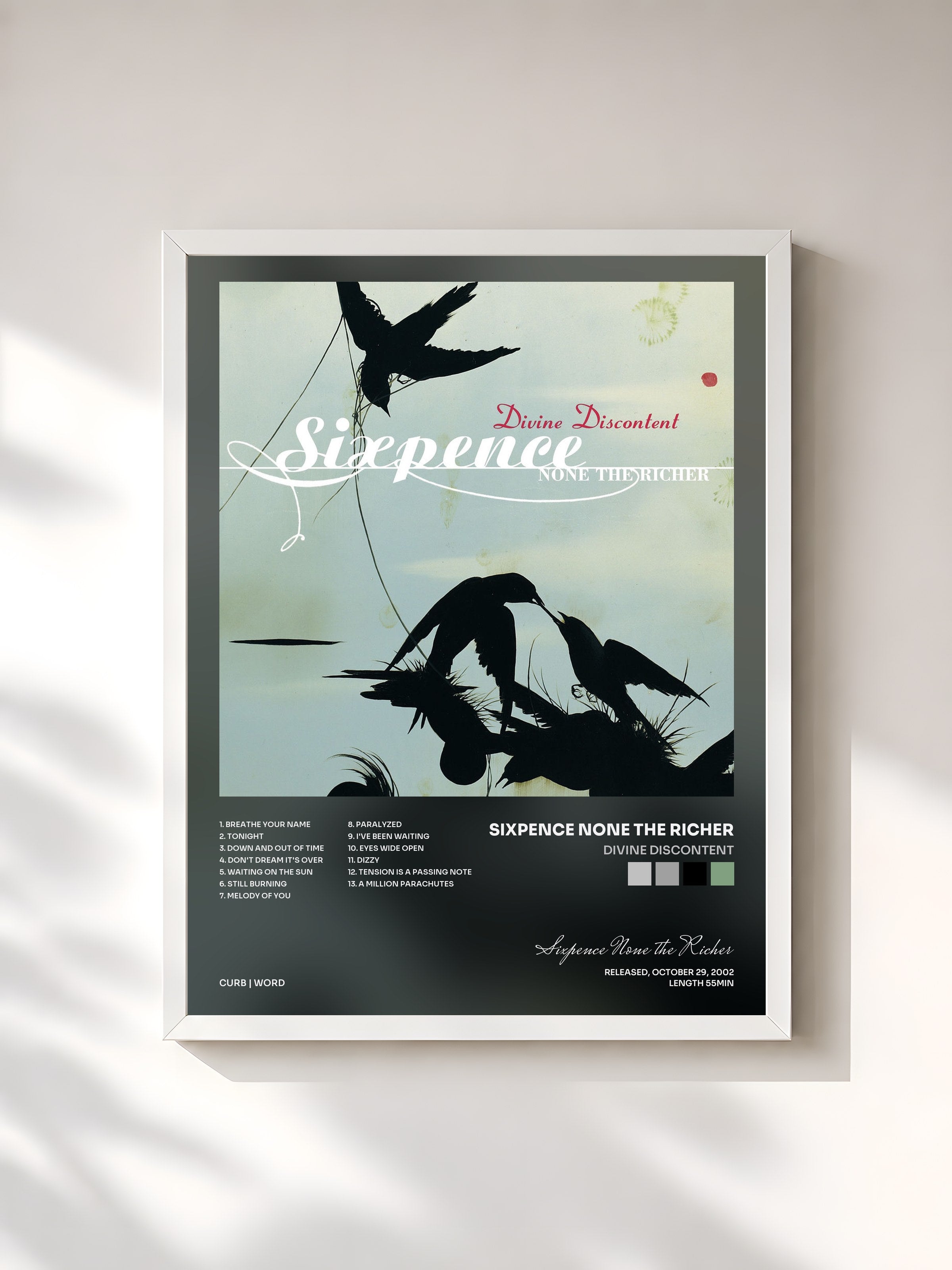 #blanc Tableau de l'album Divine Discontent de Sixpence None the Richer, cadre blanc, imprimé et encadré en France