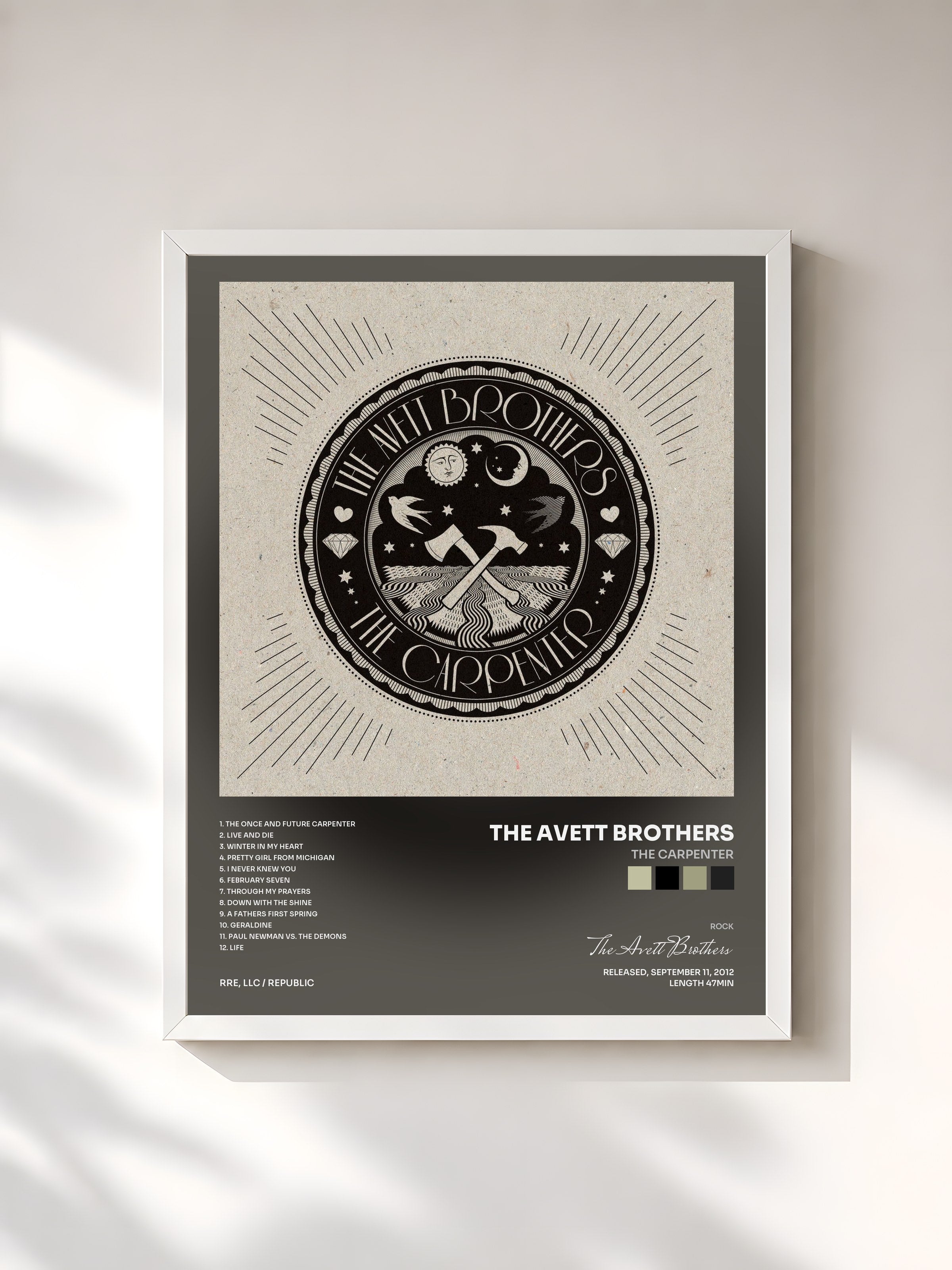 #blanc Tableau de l'album The Carpenter de The Avett Brothers, cadre blanc, imprimé et encadré en France