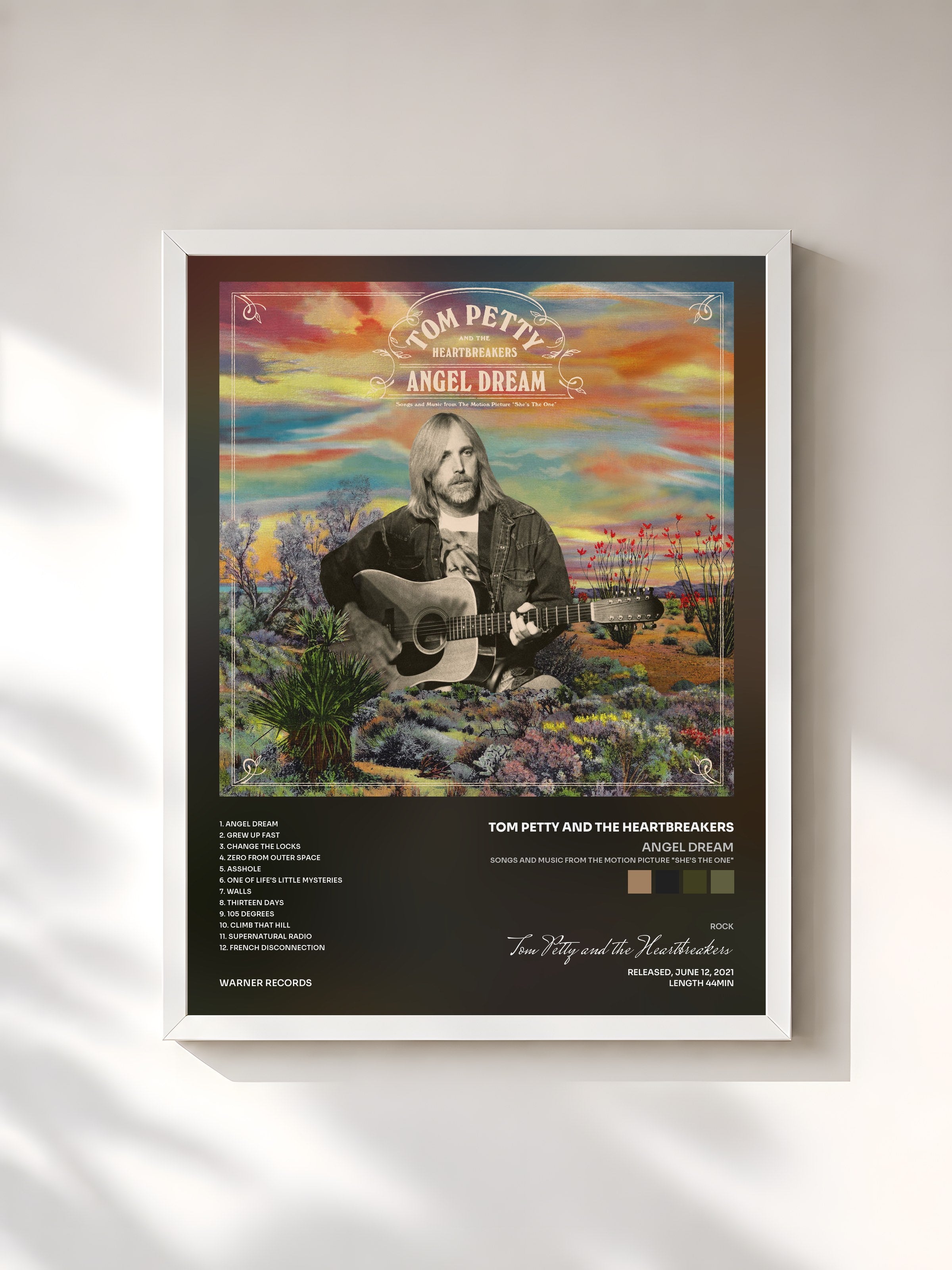 #blanc Tableau de l'album Angel Dream (Songs and Music From The Motion Picture "She’s The One") de Tom Petty and the Heartbreakers, cadre blanc, imprimé et encadré en France