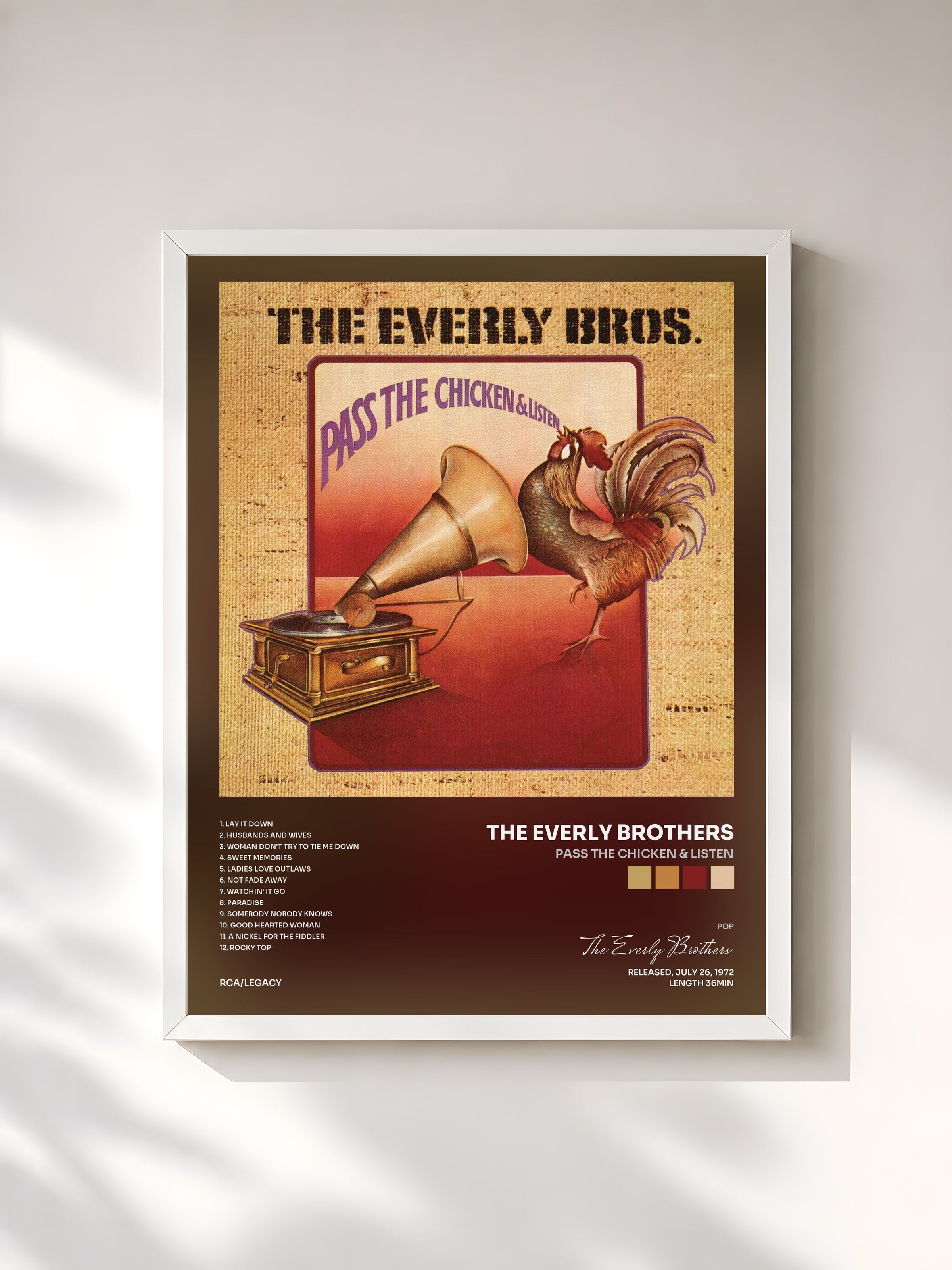 #blanc Tableau de l'album Pass The Chicken & Listen de The Everly Brothers, cadre blanc, imprimé et encadré en France