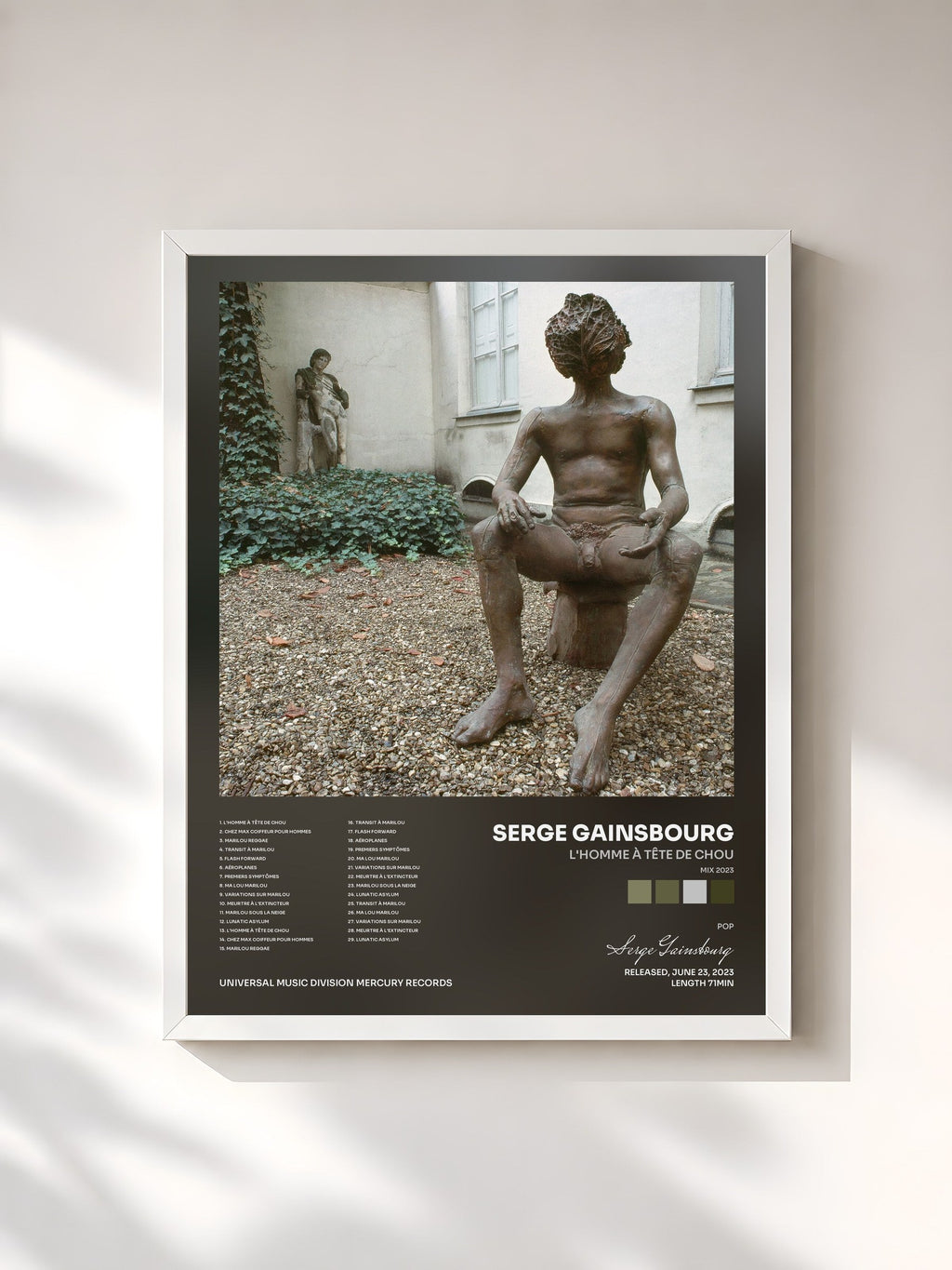 #blanc Tableau de l'album L'homme à tête de chou (Mix 2023) de Serge Gainsbourg, cadre blanc, imprimé et encadré en France