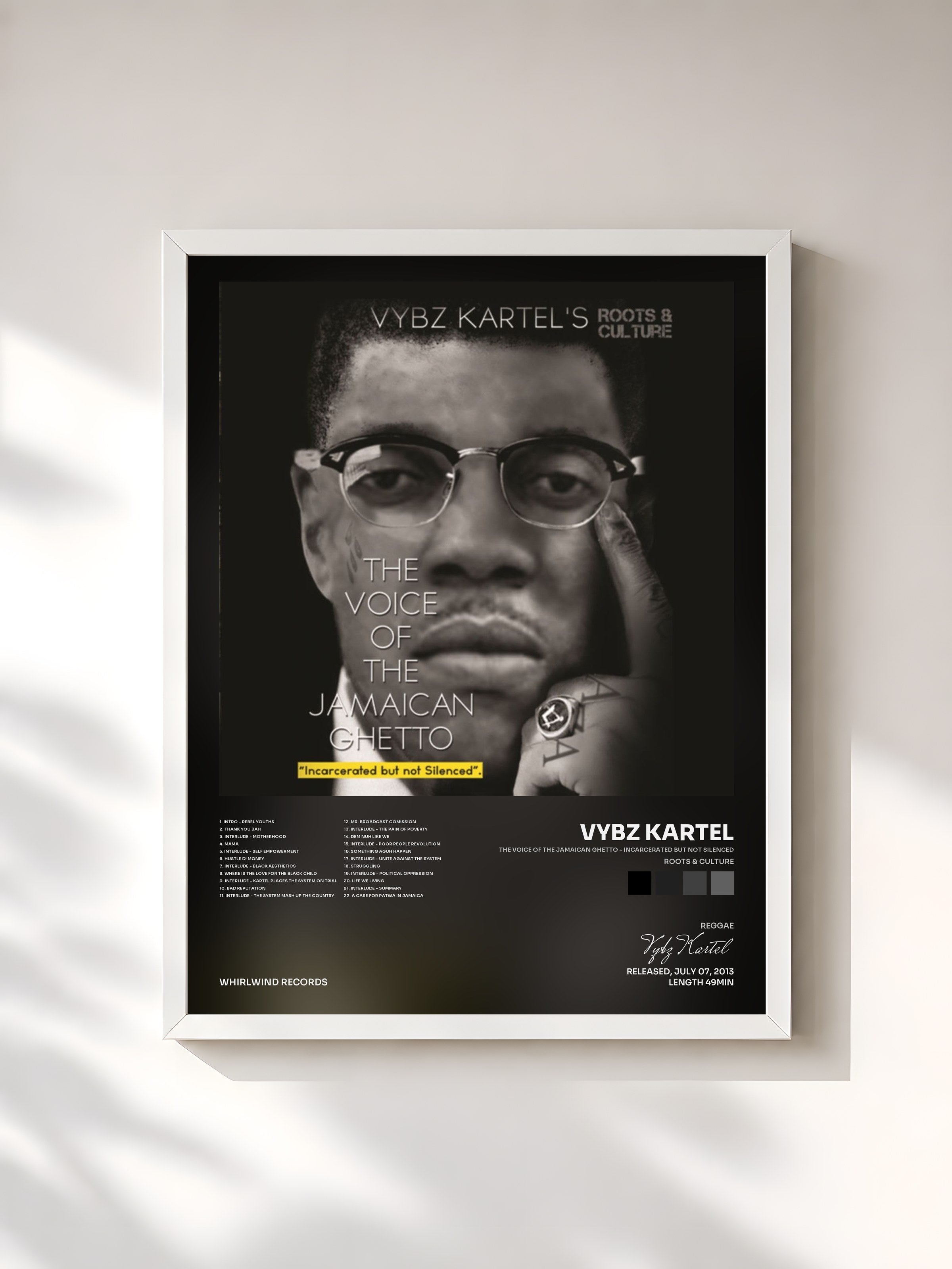 #blanc Tableau de l'album The Voice of the Jamaican Ghetto - Incarcerated But Not Silenced (Roots & Culture) de Vybz Kartel, cadre blanc, imprimé et encadré en France