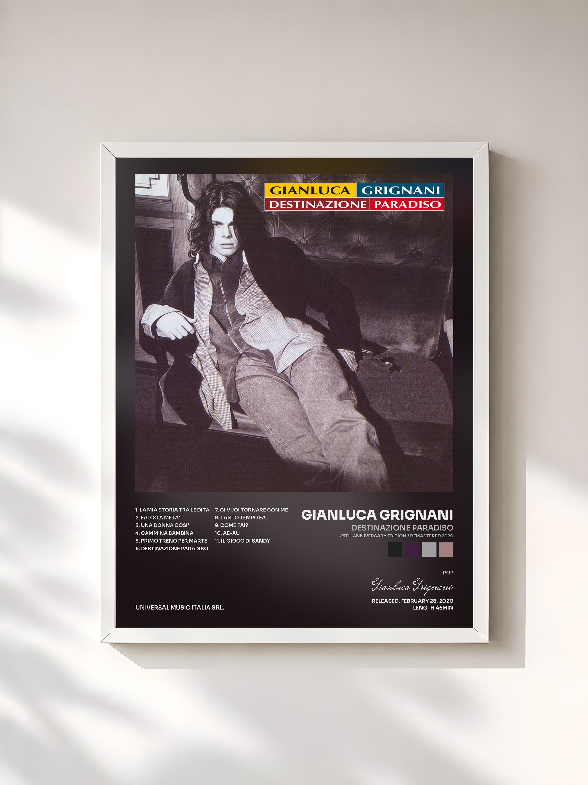 #blanc Tableau de l'album Destinazione Paradiso (25th Anniversary Edition / Remastered 2020) de Gianluca Grignani, cadre blanc, imprimé et encadré en France