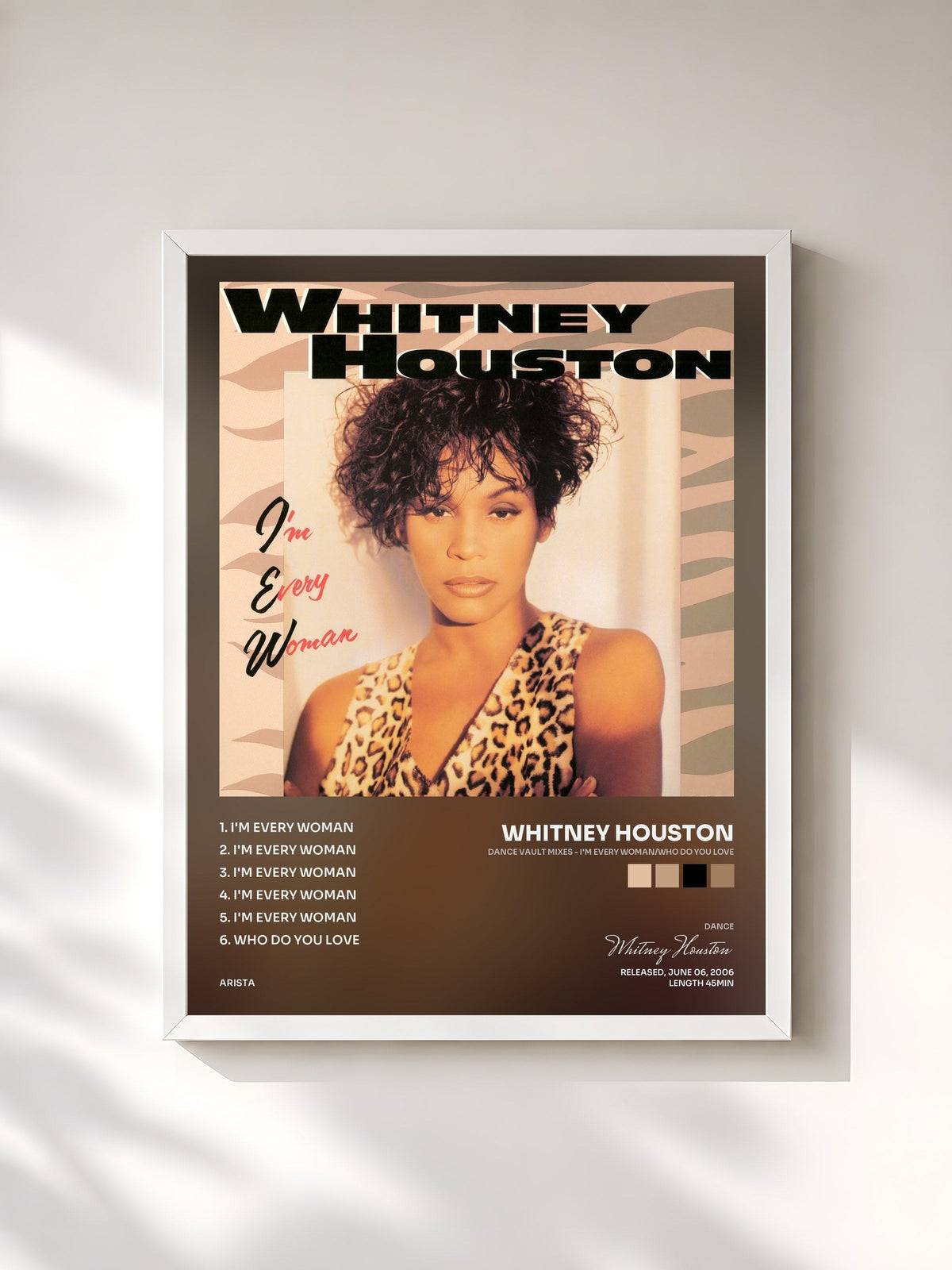 #blanc Tableau de l'album Dance Vault Mixes - I'm Every Woman/Who Do You Love de Whitney Houston, cadre blanc, imprimé et encadré en France