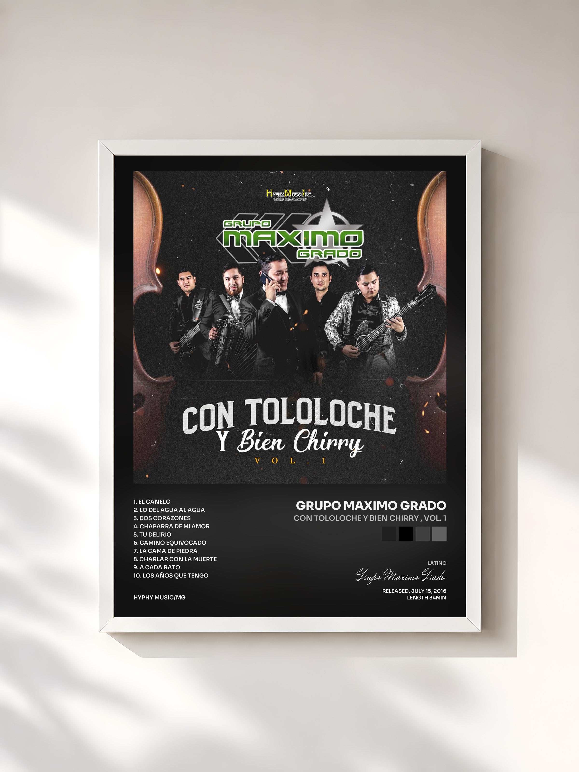 #blanc Tableau de l'album Con Tololoche y Bien Chirry , Vol. 1 de Grupo Maximo Grado, cadre blanc, imprimé et encadré en France