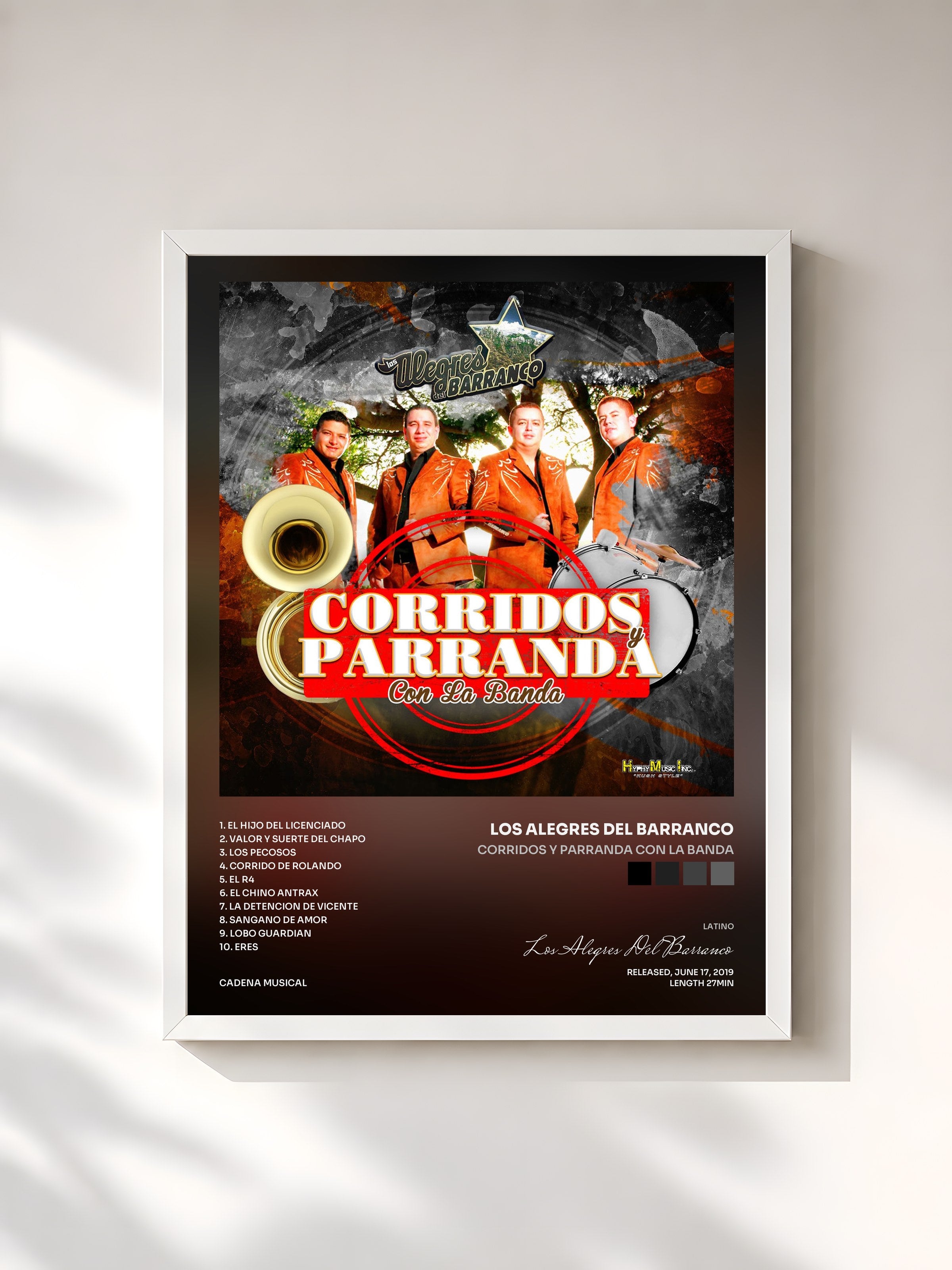 #blanc Tableau de l'album Corridos y Parranda Con La Banda de Los Alegres Del Barranco, cadre blanc, imprimé et encadré en France