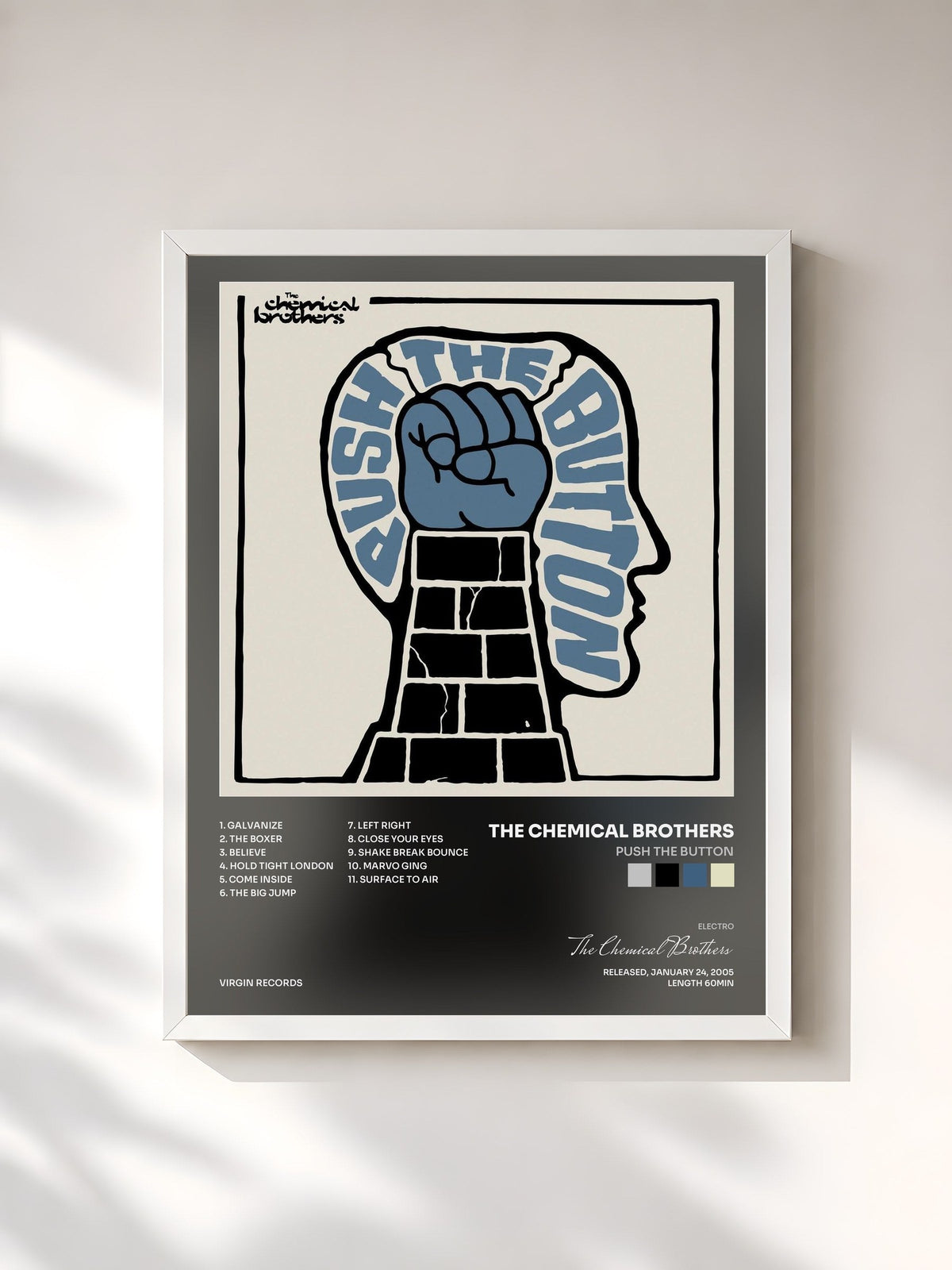 #blanc Tableau de l'album Push The Button de The Chemical Brothers, cadre blanc, imprimé et encadré en France