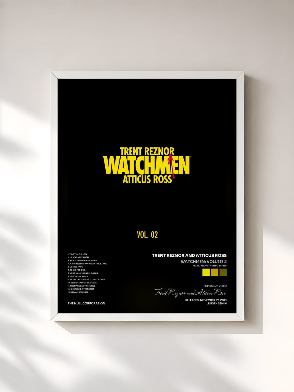 #blanc Tableau de l'album Watchmen: Volume 2 (Music from the HBO Series) de Trent Reznor and Atticus Ross, cadre blanc, imprimé et encadré en France