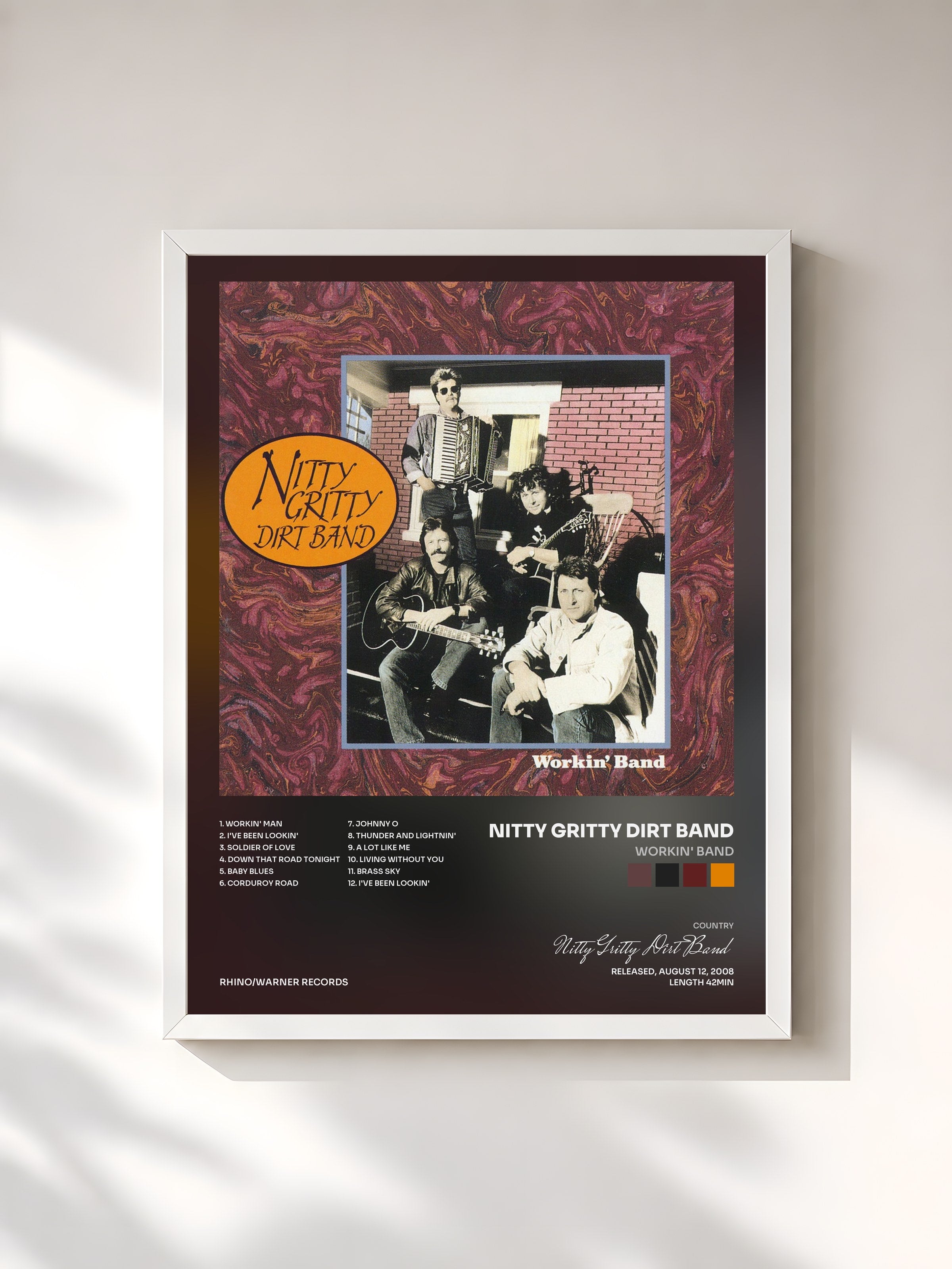 #blanc Tableau de l'album Workin' Band de Nitty Gritty Dirt Band, cadre blanc, imprimé et encadré en France