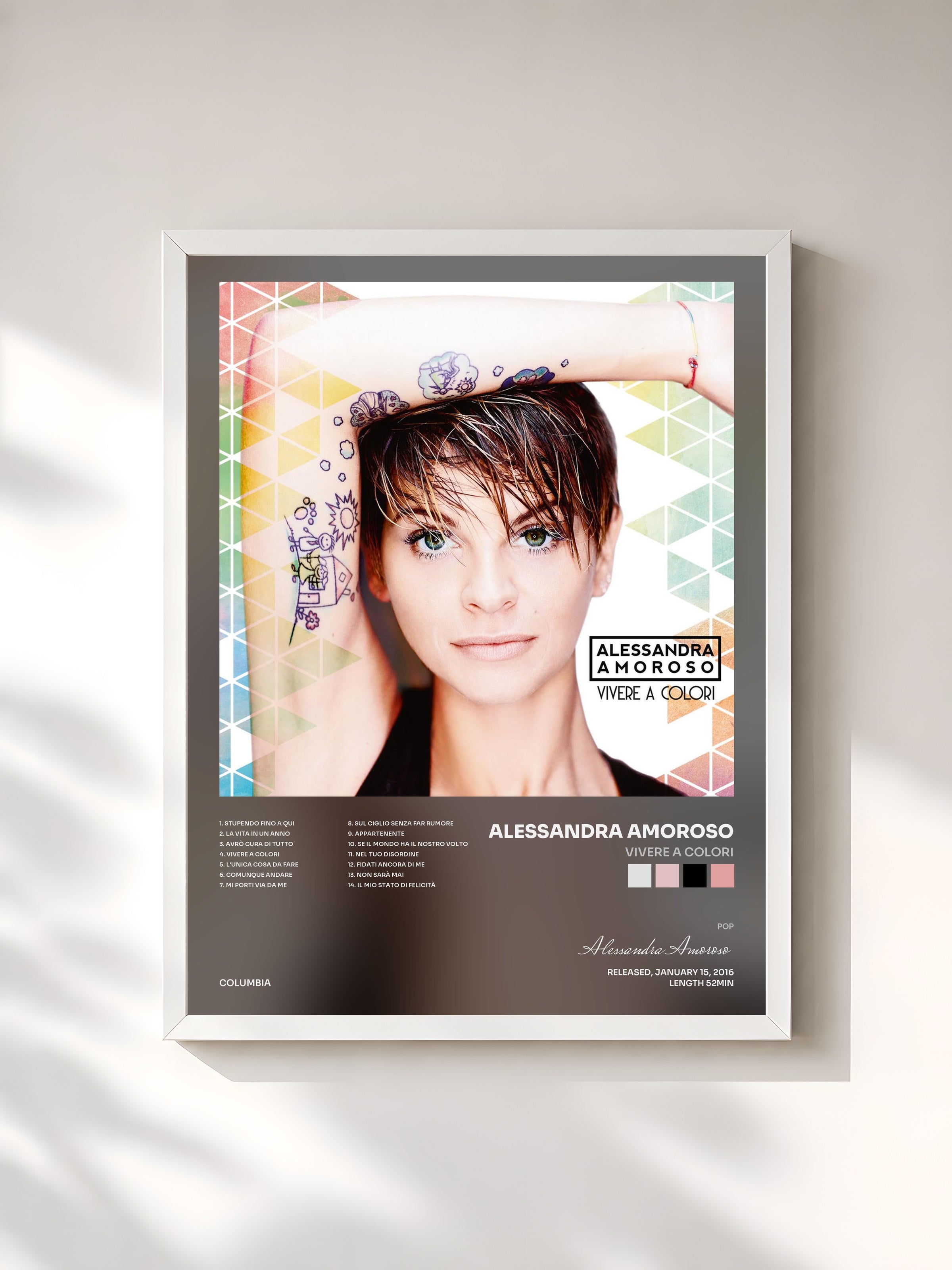#blanc Tableau de l'album Vivere a colori de Alessandra Amoroso, cadre blanc, imprimé et encadré en France