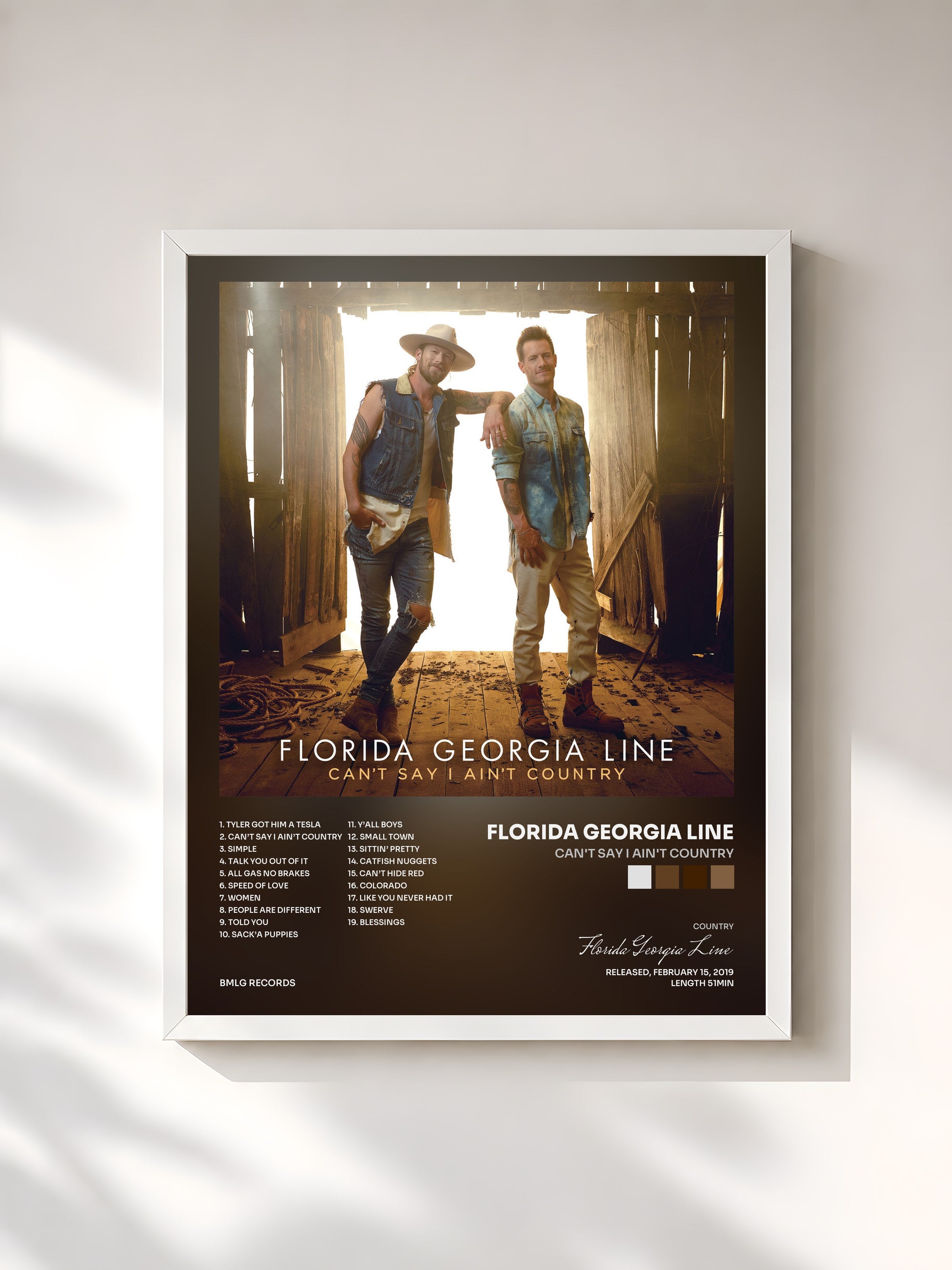 #blanc Tableau de l'album Can't Say I Ain't Country de Florida Georgia Line, cadre blanc, imprimé et encadré en France