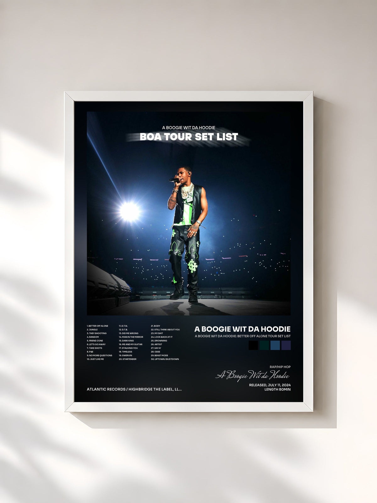 #blanc Tableau de l'album A Boogie Wit Da Hoodie: Better Off Alone Tour Set List de A Boogie Wit da Hoodie, cadre blanc, imprimé et encadré en France
