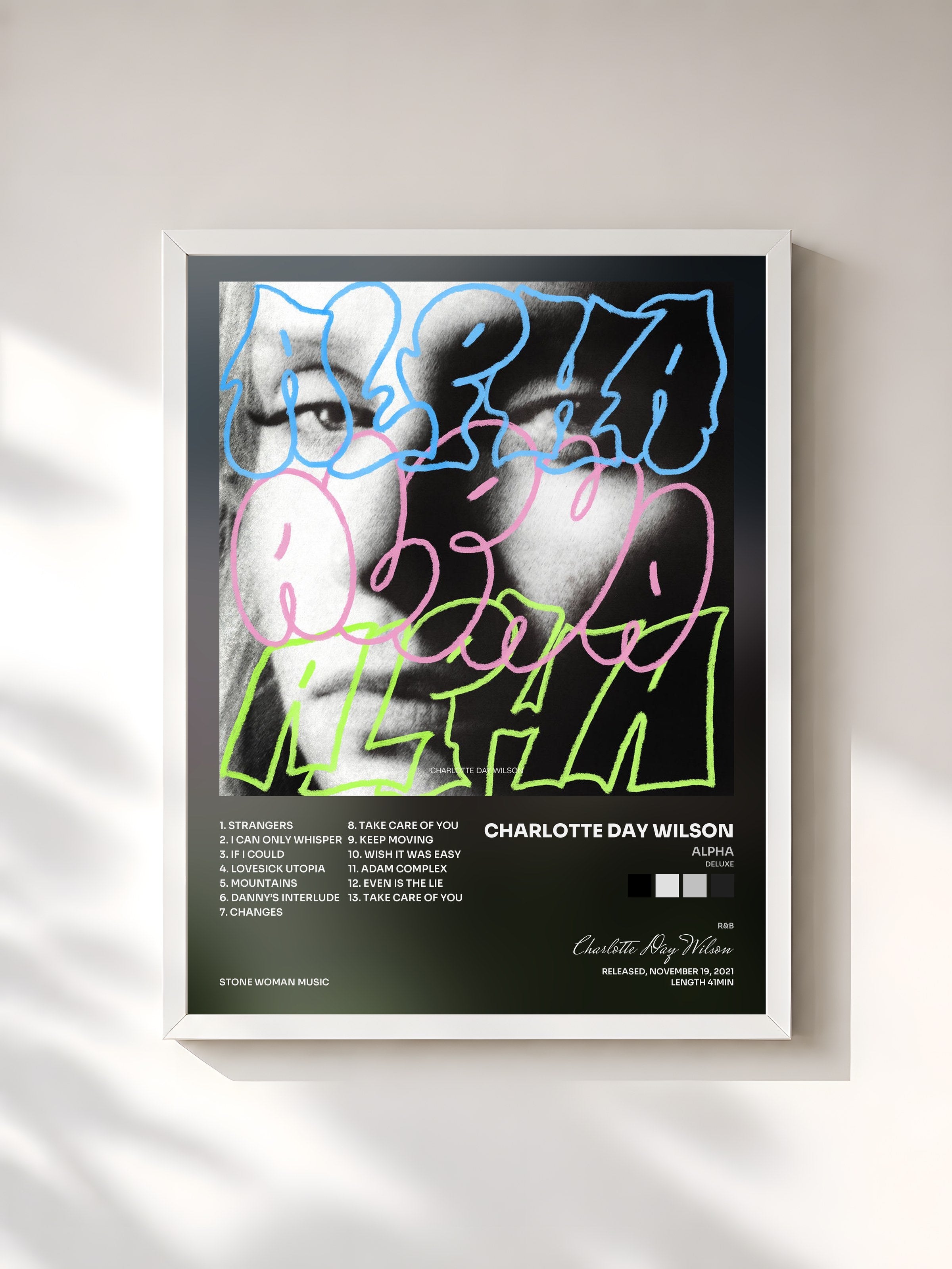 #blanc Tableau de l'album ALPHA (Deluxe) de Charlotte Day Wilson, cadre blanc, imprimé et encadré en France