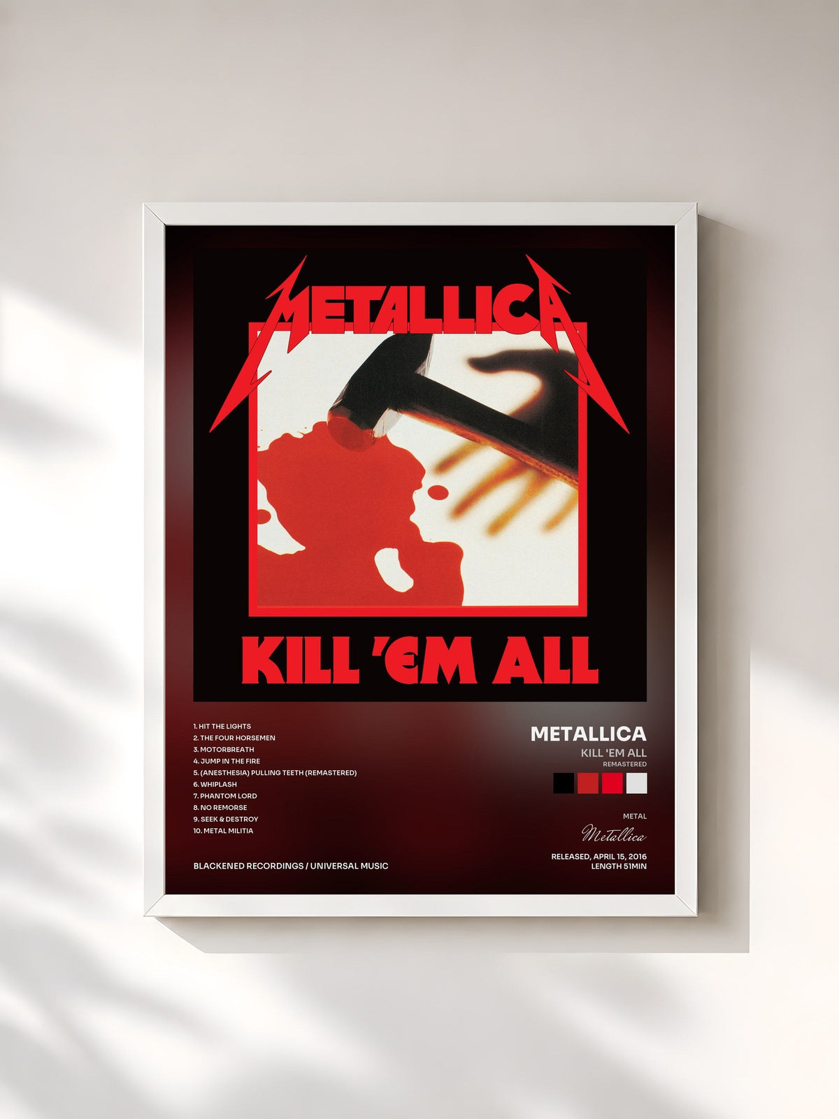 #blanc Tableau de l'album Kill 'Em All (Remastered) de Metallica, cadre blanc, imprimé et encadré en France